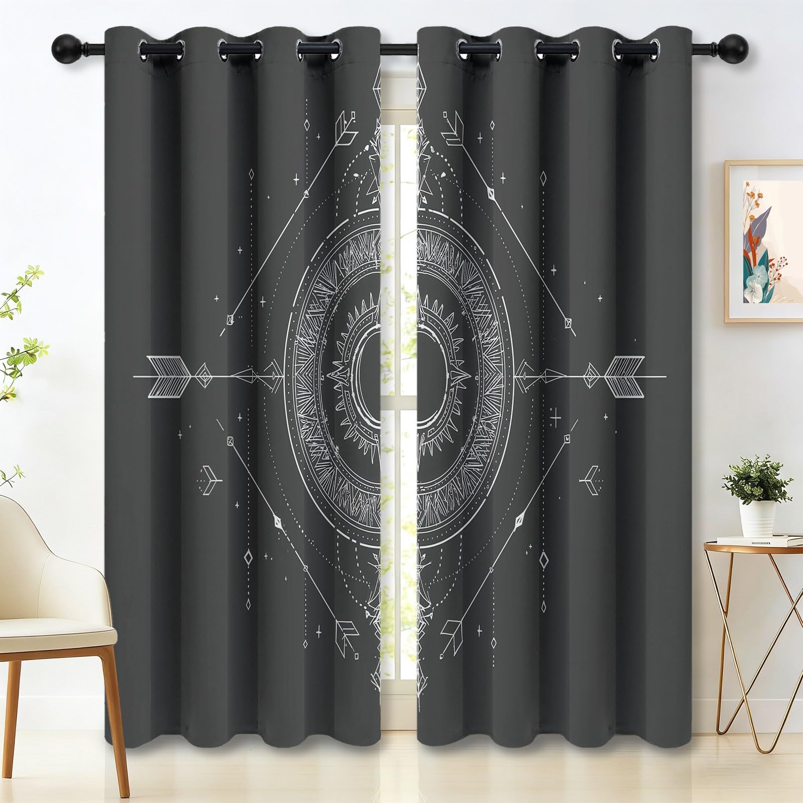 Rideau Isolan Mandala Géométrie bohème 2 Rideaux Imprimé Thermiques Anti Froid/Chaleur Gris foncé avec Oeillets Élégant pour Salon Chambre Maison 91.5L X 214H cm (2 Panneaux)