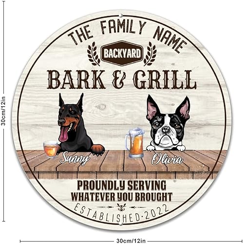 Miniatura 2 de Letrero redondo de metal para ladridos y parrilla, Doberman y perro toro francés, letrero de metal para cachorros, nombre de la familia, 12