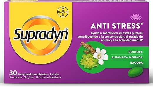 Supradyn Anti Stress con Rhodiola, Albahaca Morada, Bacopa - Soporte de origen Natural contra el Estrés, ayuda a la Concentración, 30 Comprimidos
