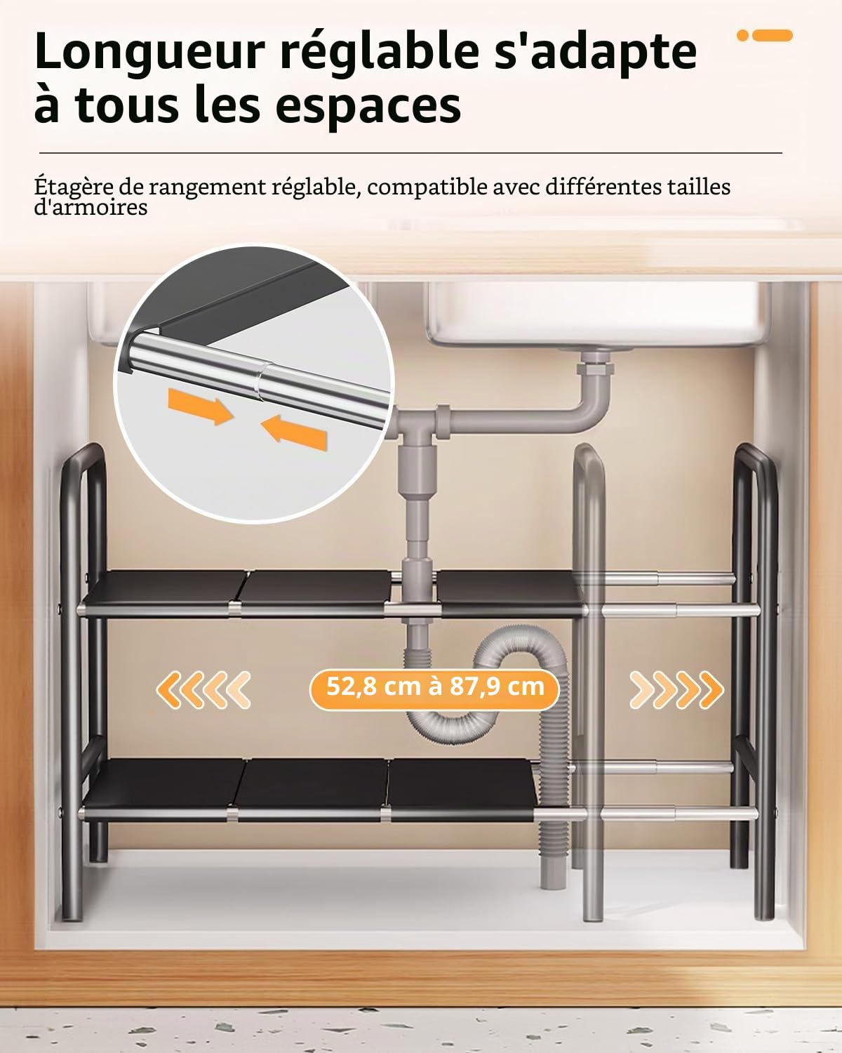 Rangement et Organisation de Cuisine – Dimensions Ajustables 49 x 25 x (52,5~88) cm, Étagère Extensible sous Évier en Acier Inoxydable (8 Panneaux)