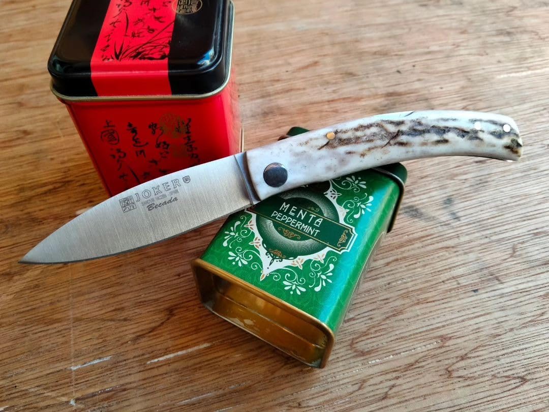 Joker Navaja BECADA NC153, mango en Asta de Ciervo, hoja de 8 cm, Herramienta de pesca, caza, camping y senderismo