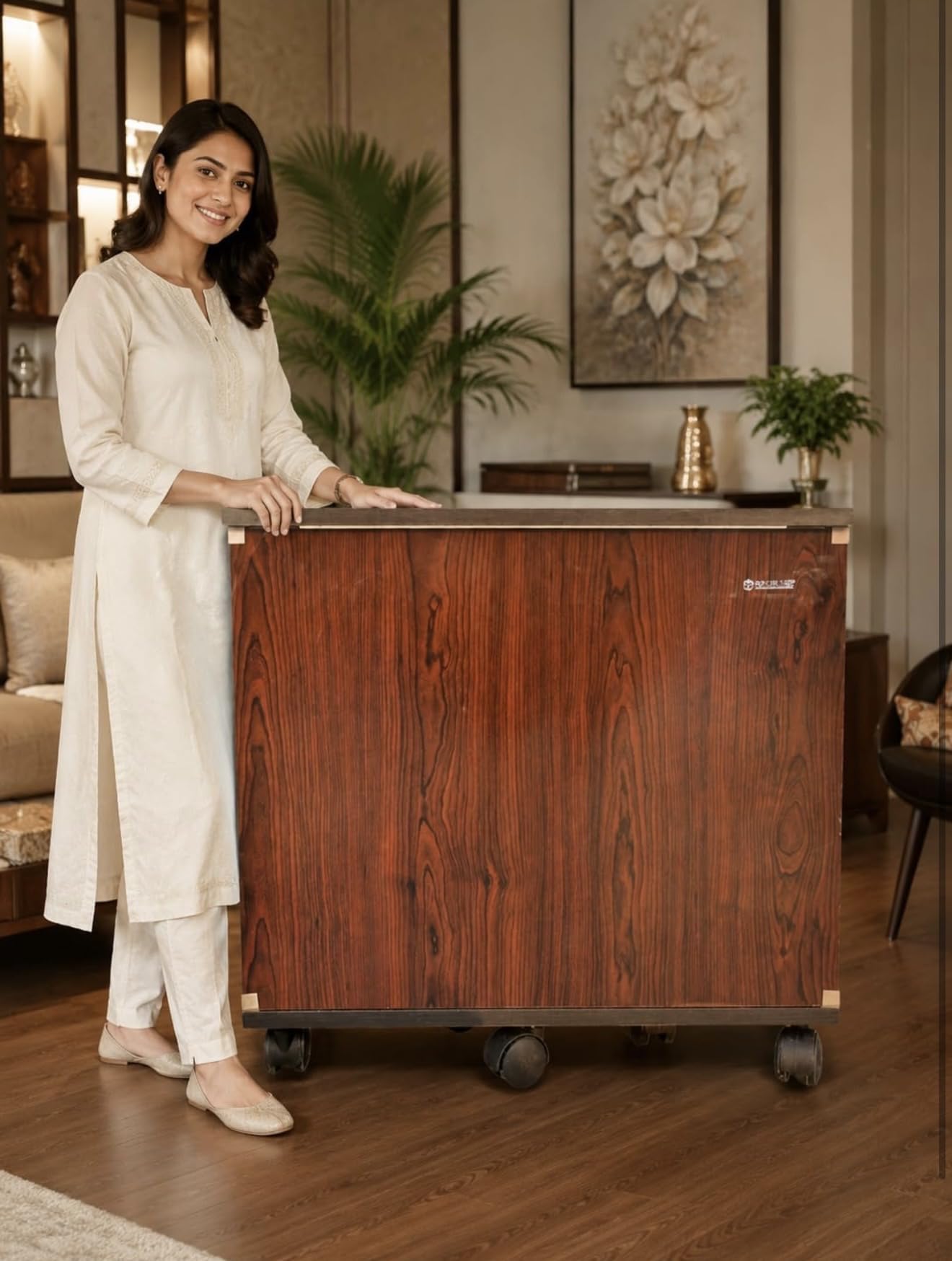 inverter battery trolley with wheels dark walnut finish | solid plywood build, castor wheels, heavy duty stand, battery storage cabinet, for home use