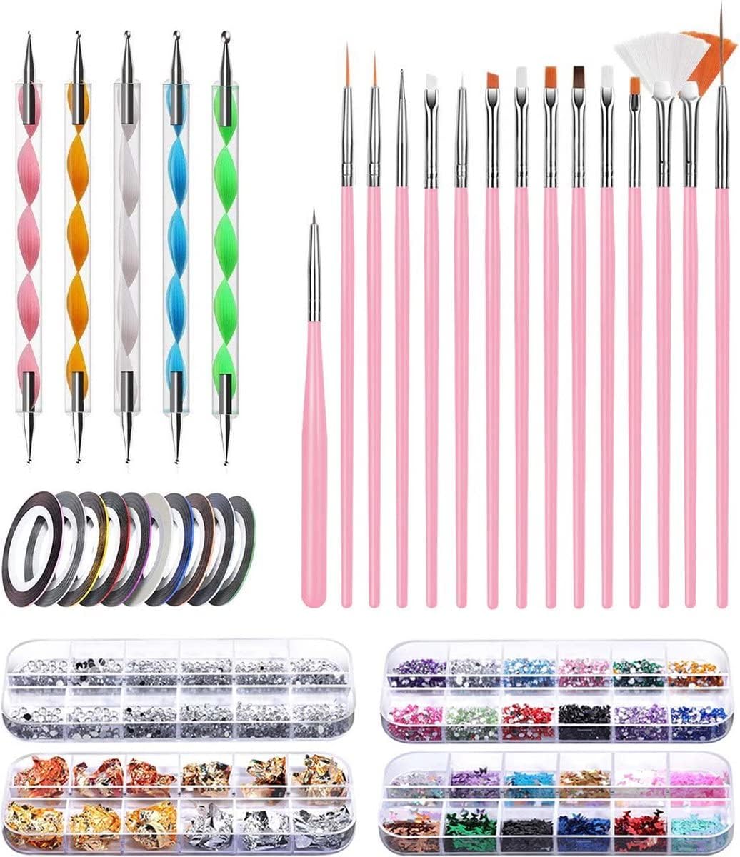 Evvie© Nail Art Kit – Penselen met Dotting tools – Strass steentjes – Rhinestones – Nagel folie – Diamantjes – Striping tape – 65-delig