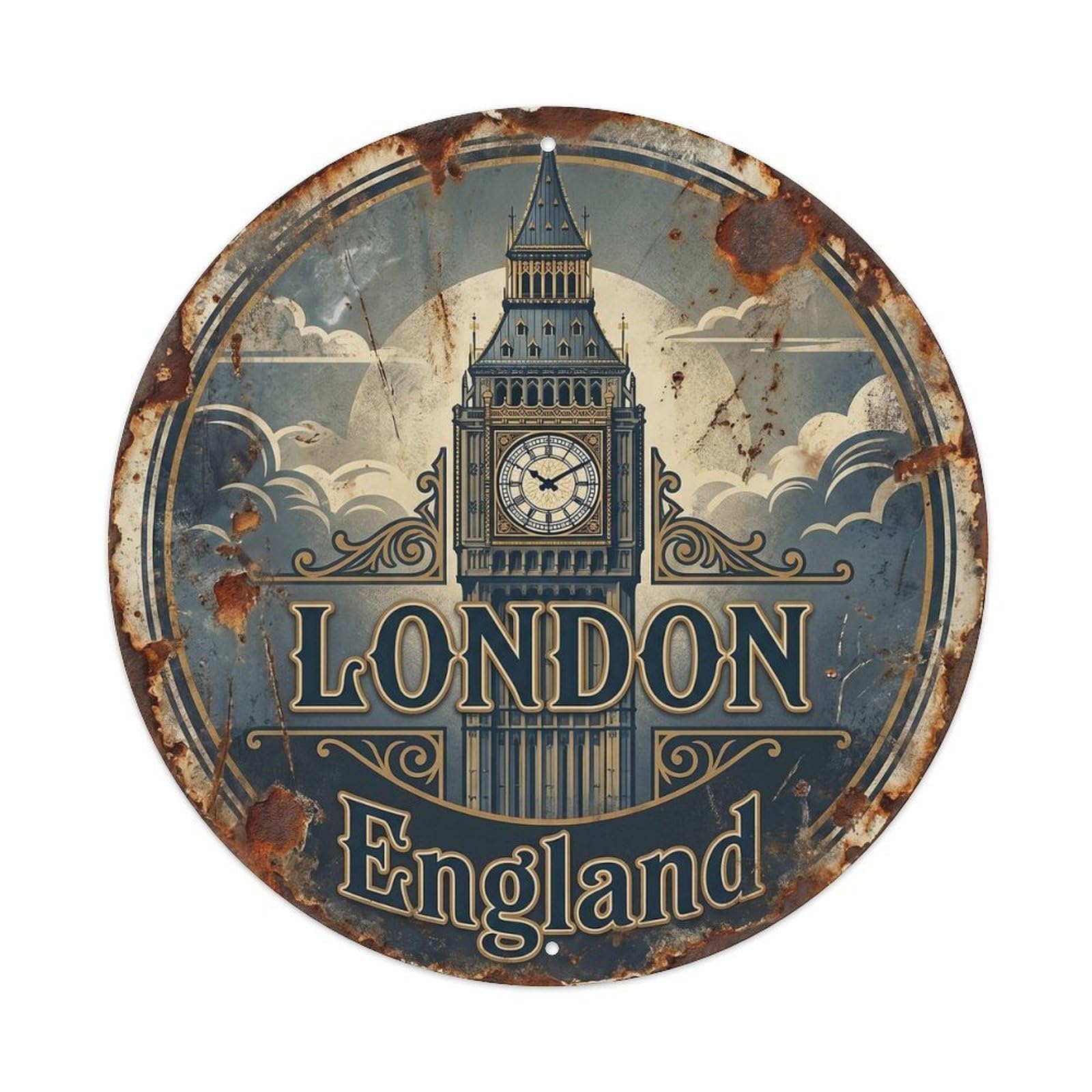 City Landmark London England Tourism Heritage Scenic Coastal Metal Tin Sign Plaque Wall Decor for Cafe, Man Cave, Club Bar, Office, Home Garden Round Metal Poster 8x8Inch