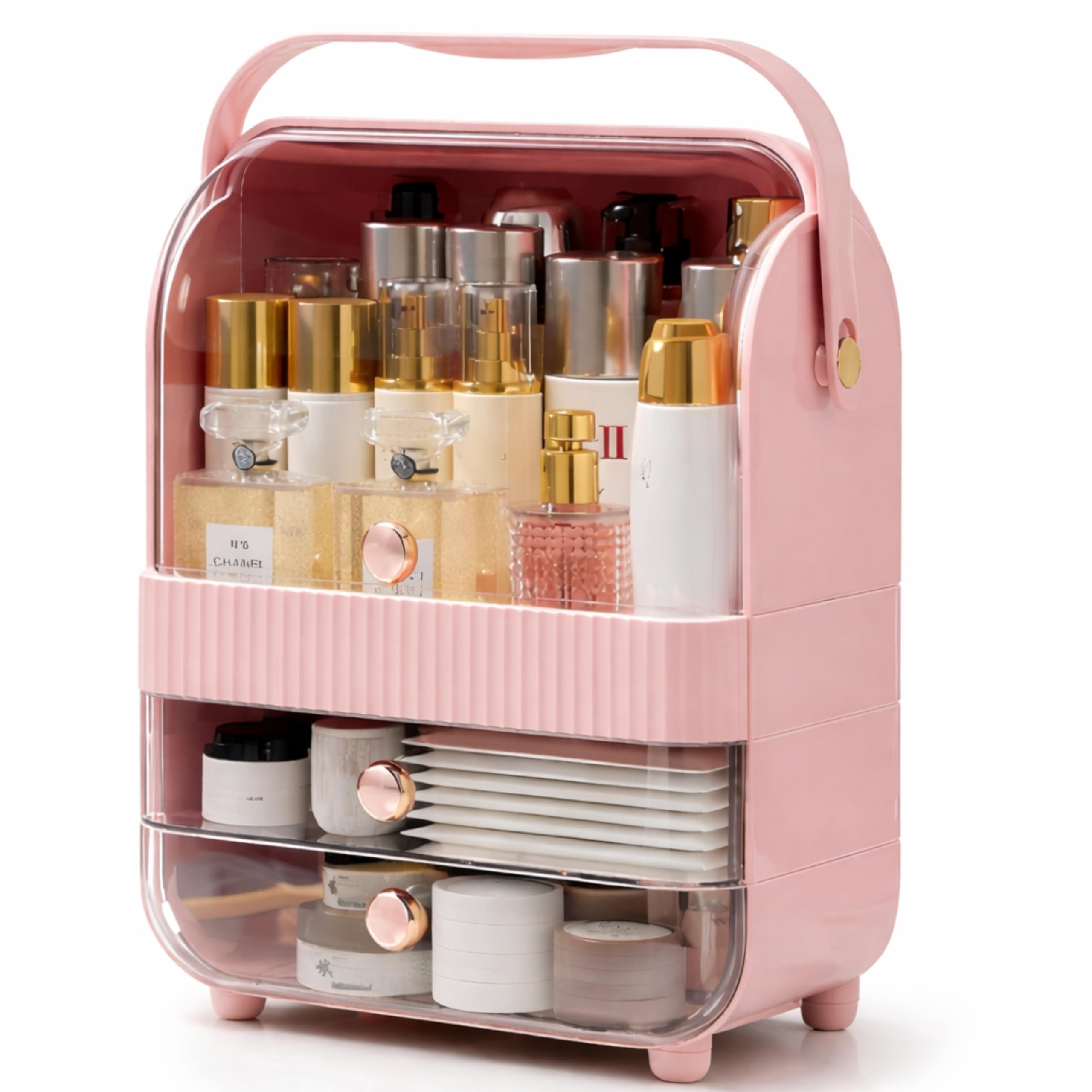 Large Cosmetic Organizer Box with Handle – Dustproof Makeup Storage Cabinet with Drawer, Skincare & Perfume Organizer for Vanity, Dressing Table & Bathroom Countertop (37x29.5x20 cm, Pink)-image-39