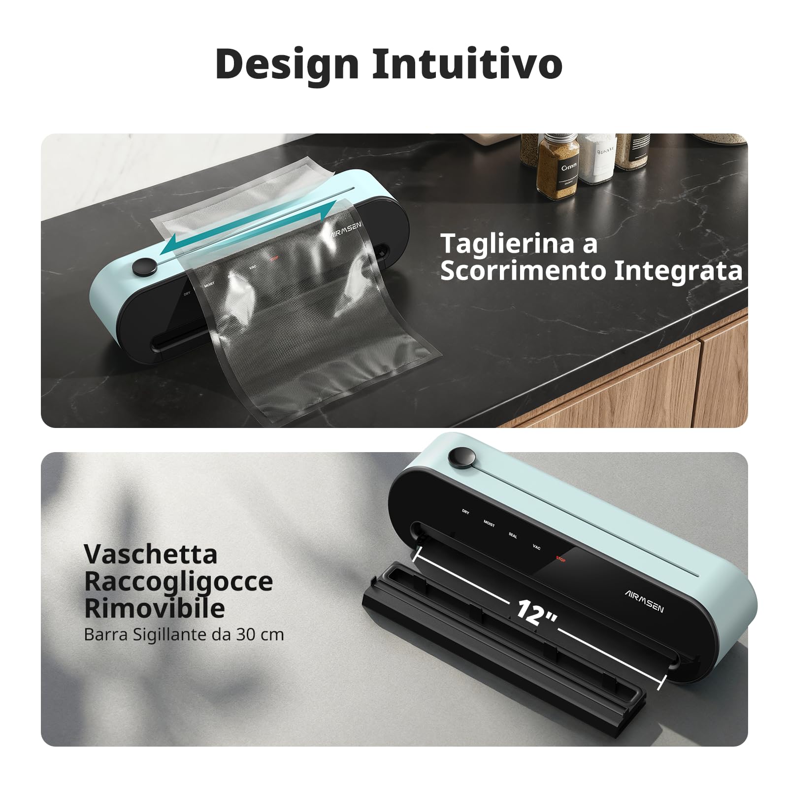 AIRMSEN Macchina Sottovuoto 6-in-1 Completamente Automatica con Funzione di Gonfiaggio, Aspirazione Profonda Automatica ad una Mano, Taglierina Integrata e Vano Tubo, Verde Menta