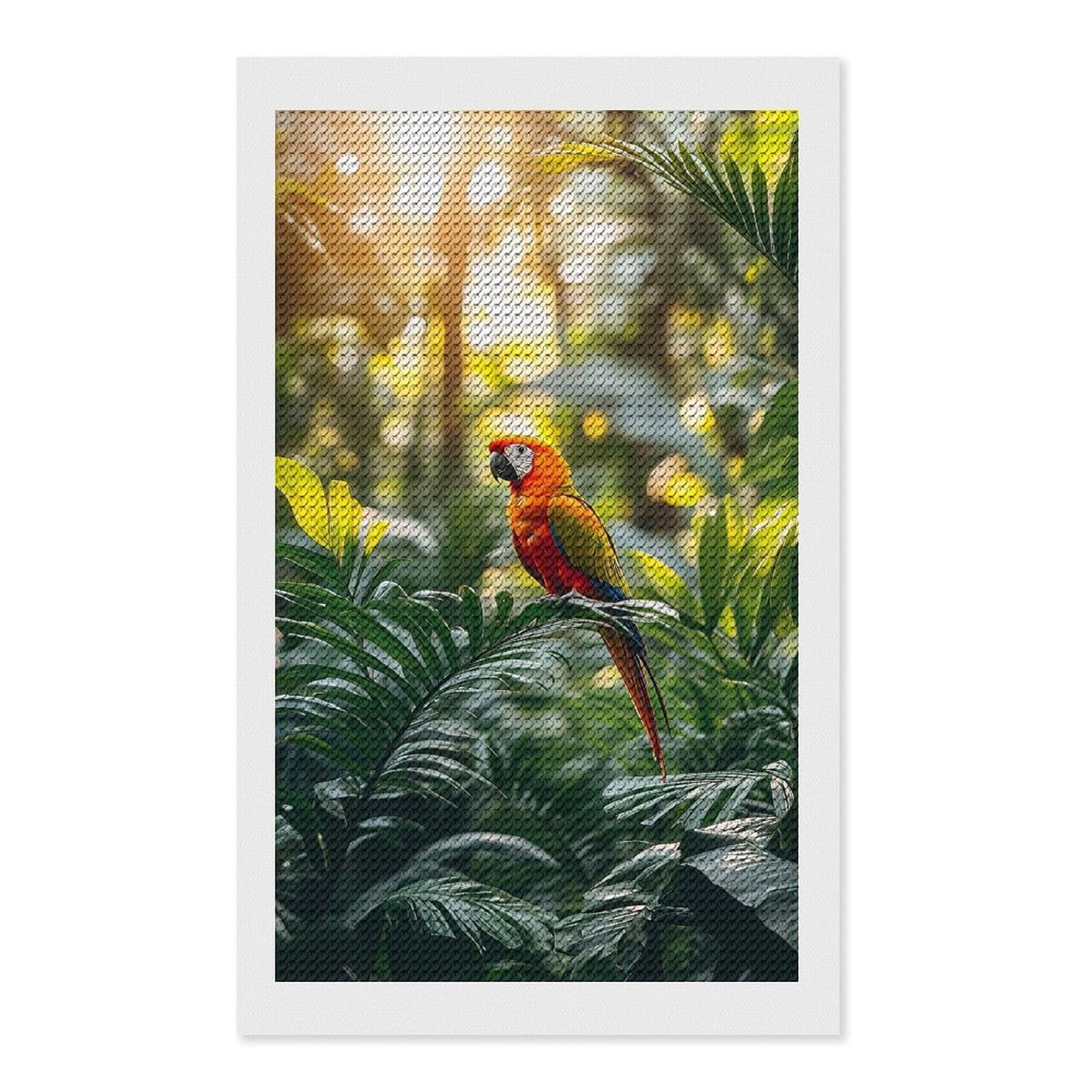 Junmoney Scarlet Macaw in Lush Jungle Setting Diamond Art Kit 12"x20", Neat Printed Canvas, Finish and Display, Relaxing DIY Hobby, Living Room Decor