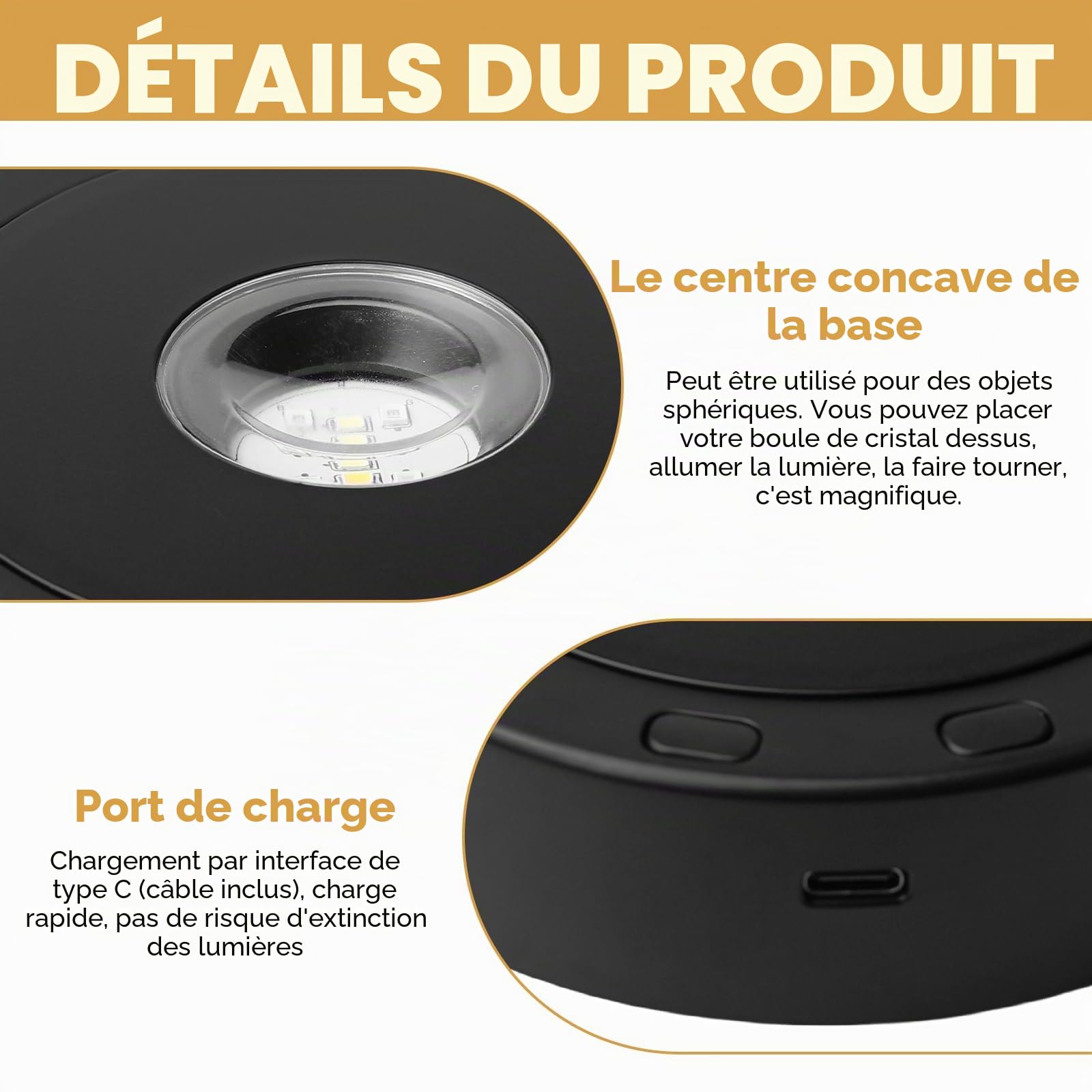 Sporgo Base d'affichage rotative LED : 8 modes d'éclairage LED Base lumineuse Revolving LED Lights Display Socle avec USB, support d'affichage LED pour affichage boules de cristal, verre, bijoux