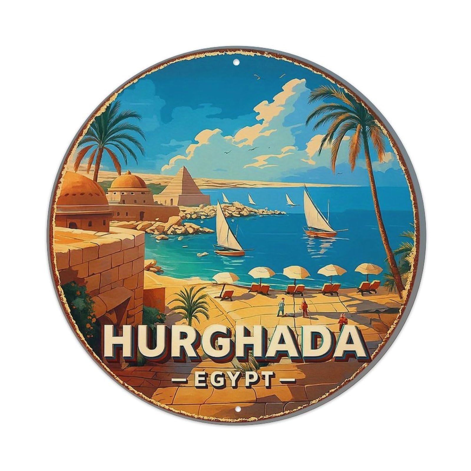 Beach Palm Sailboat Pyramid Desert Metal Tin Sign Plaque