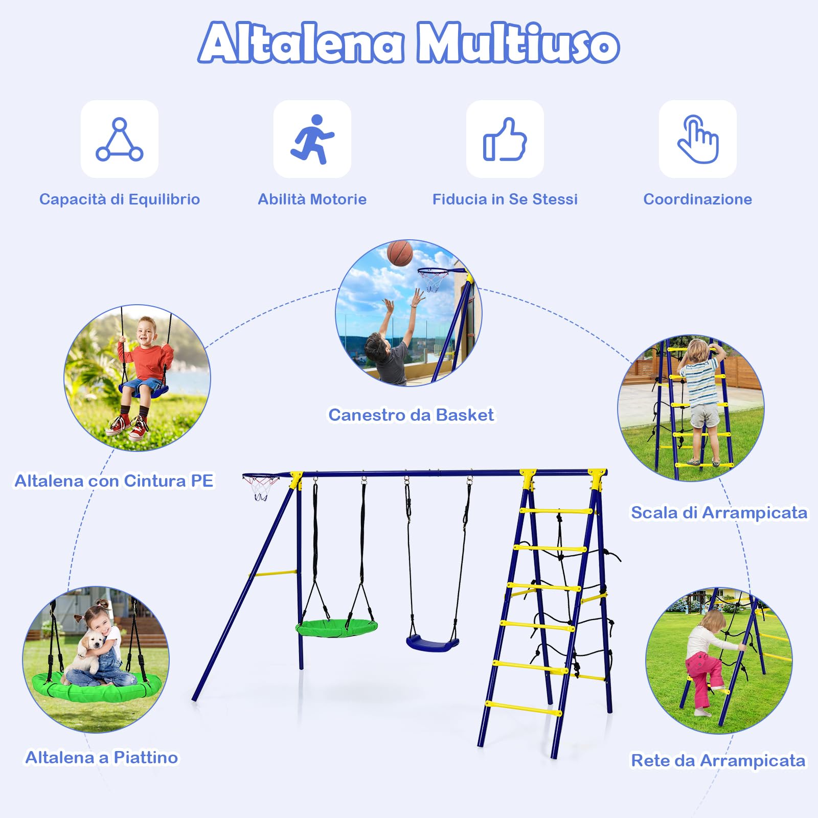 COSTWAY Set Altalena da Giardino 5 in 1 per Bambini | 2 Altalene con Canestro da Basket e Scala di Arrampicata, Carico Massimo 75 kg, per Interno ed Esterno