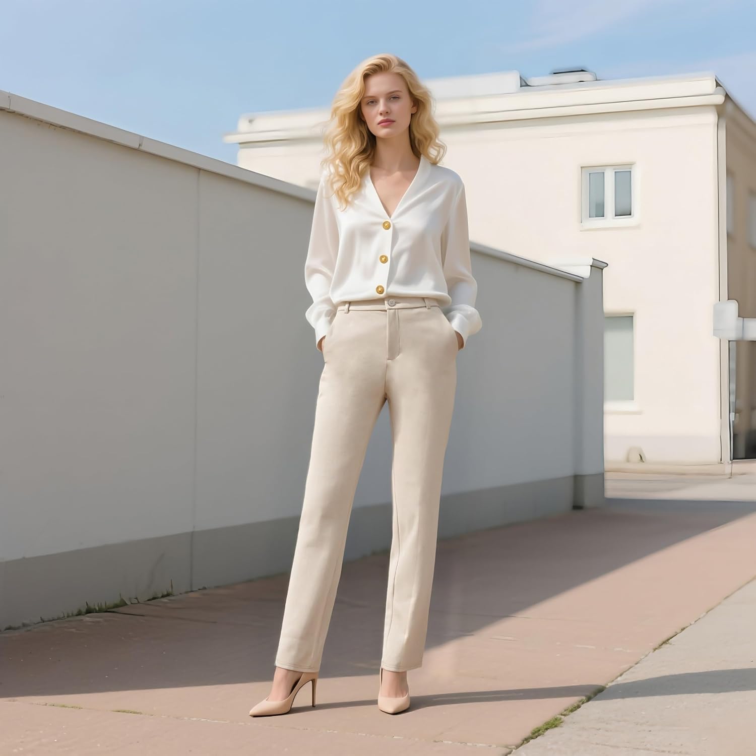 iChosy Women's Stretchy Straight Leg Dress Work Pants Business Office Casual Slacks with Pockets - Image 3