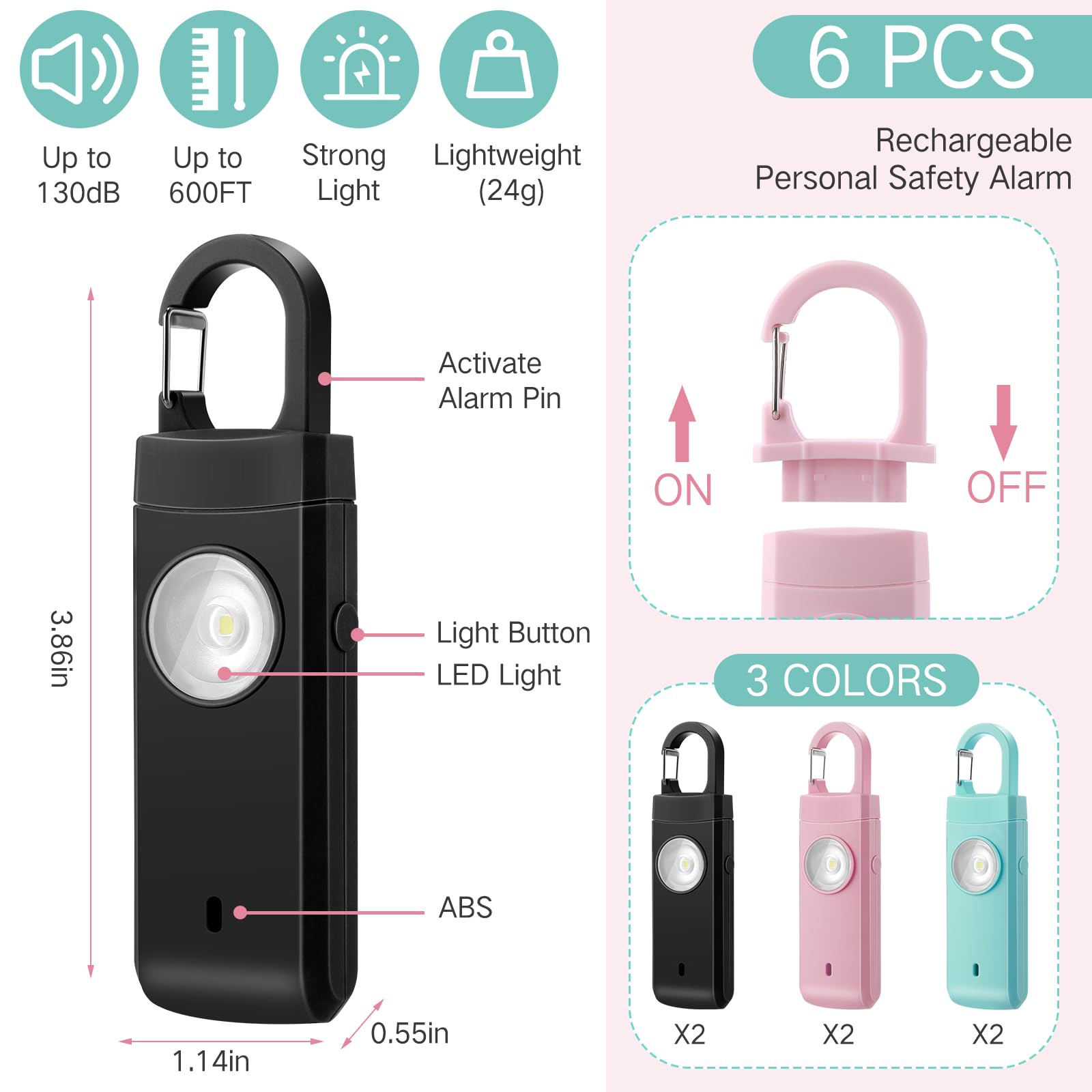 Tellegloww 6 allarmi di sicurezza personale ricaricabili per donne, 130 dB, suono forte, sirena personale con portachiavi a LED per autodifesa per figlia, anziani, anziani, studenti adolescenti (nero