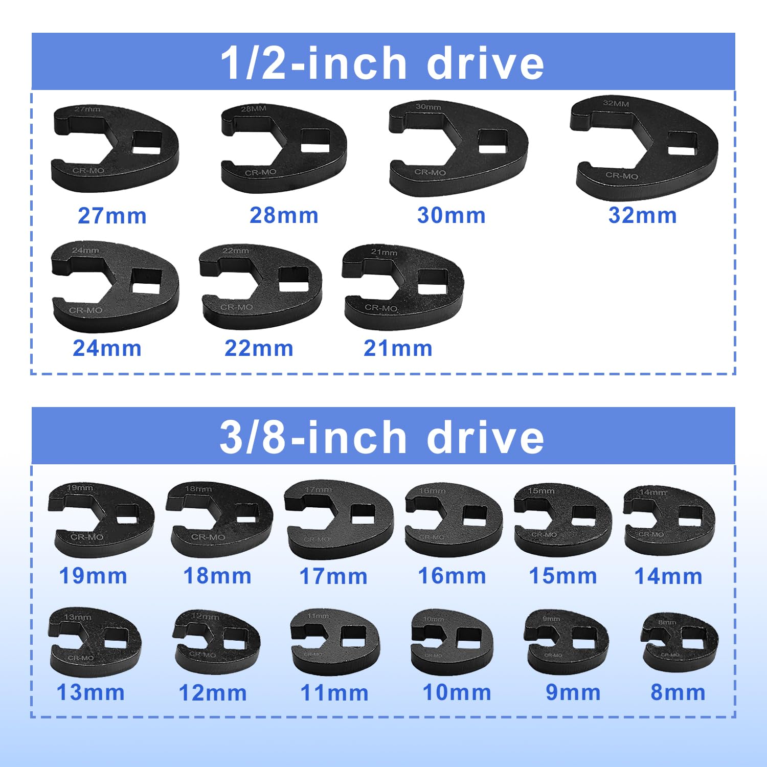 Lot de 19 clés à pied de robinet - Couple 1/2" 3/8" - Entraînement carré extérieur 8-32 mm - Clé à douille - Jeu de clés à douille - Jeu de clés à pied d'oie