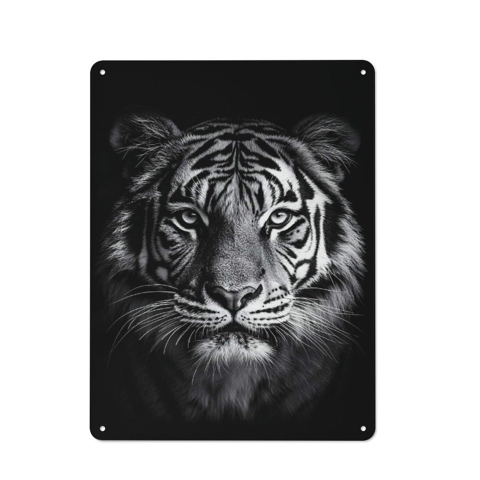 Junmoney Style-8 Metal Wall Sign 40X30cm Featuring Monochrome Tiger Portrait For Hallway Wall, For Hallway Decor Lovers, For Retro Home Interiors
