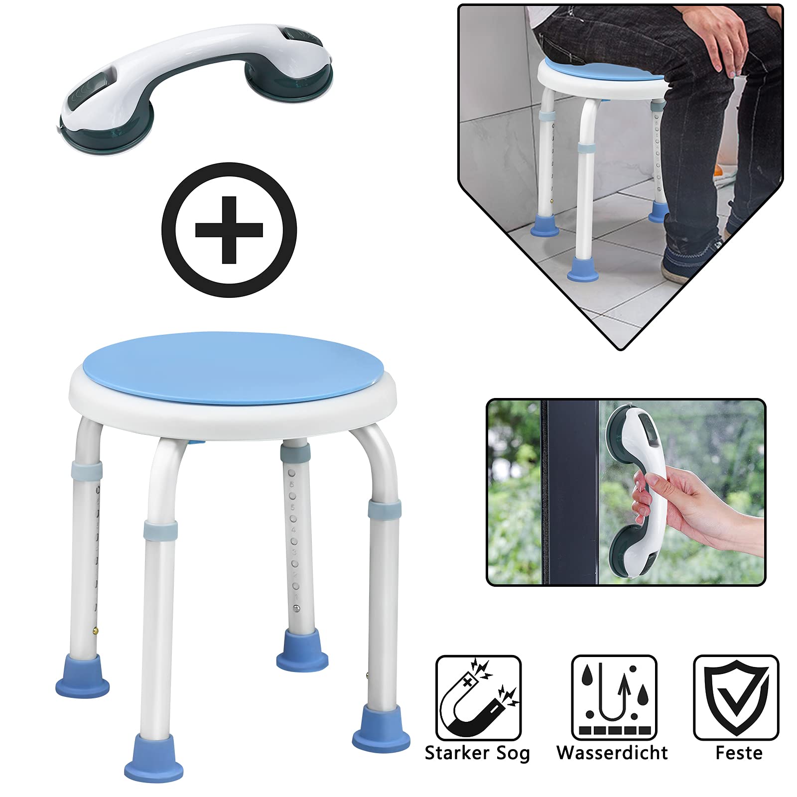 LARS360 Taburete de ducha con asa, silla de ducha ajustable en altura, giratoria 360 °, silla auxiliar para ducha antideslizante, 37-53 cm