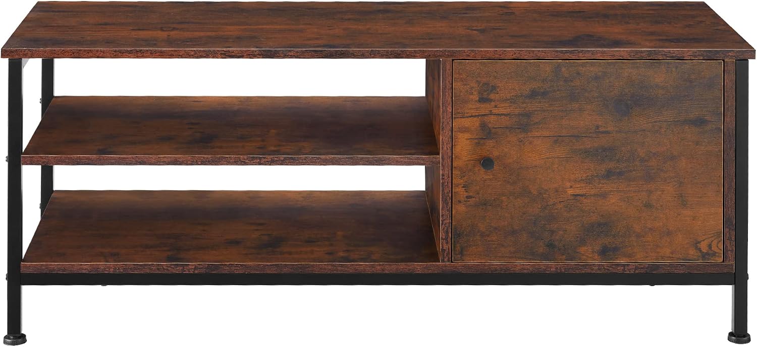 Front view of the assembled tectake Industrial Style TV Stand with two open shelves and one closed compartment.
