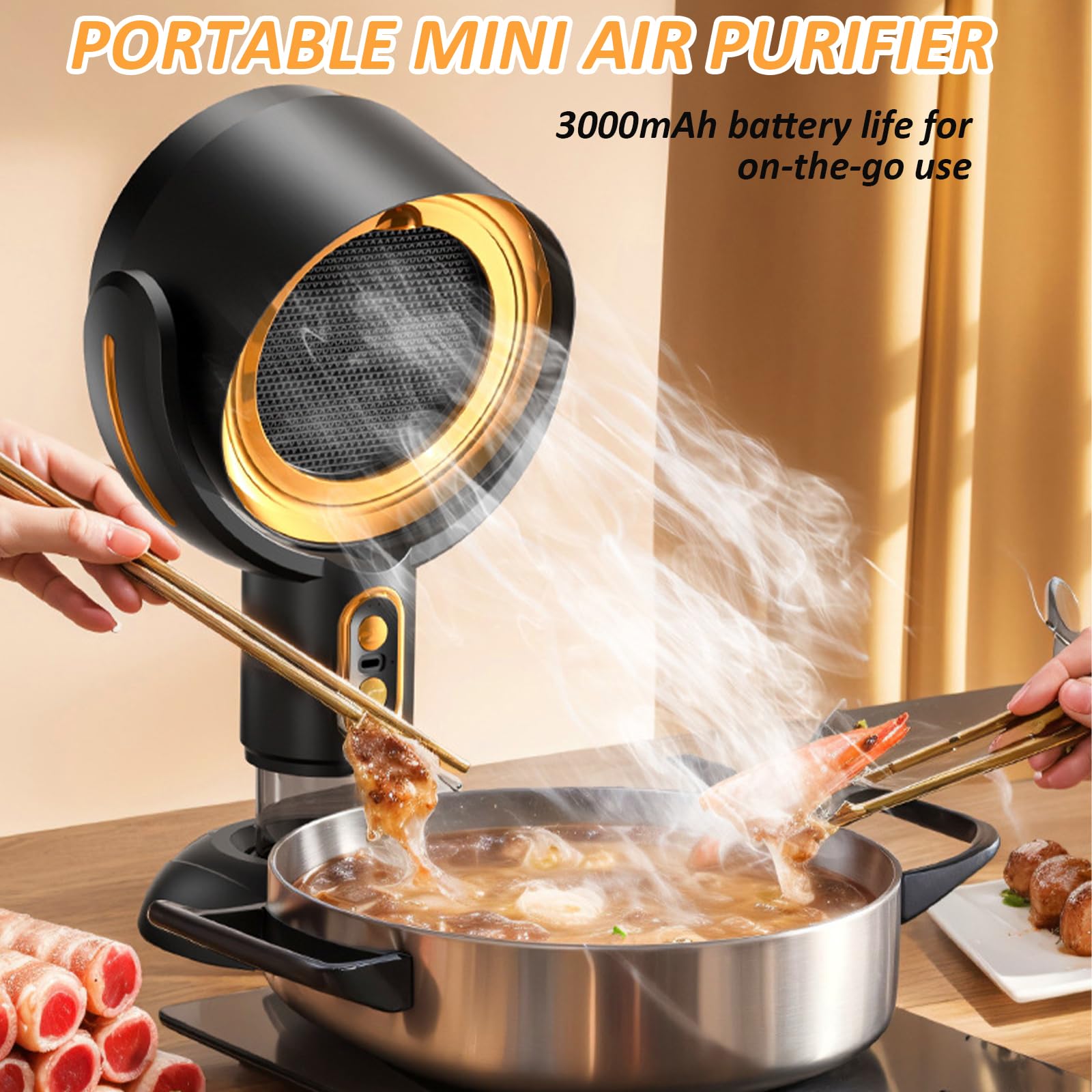 Yolispa Portable Extractor Fan Kitchen, Desktop Cooker Hood with 2 Speed Adjustment and Removable and Washable Filter, Wireless Range Hood for Home, Office, Kitchen, Desk, and Travel (Golden) — view 7