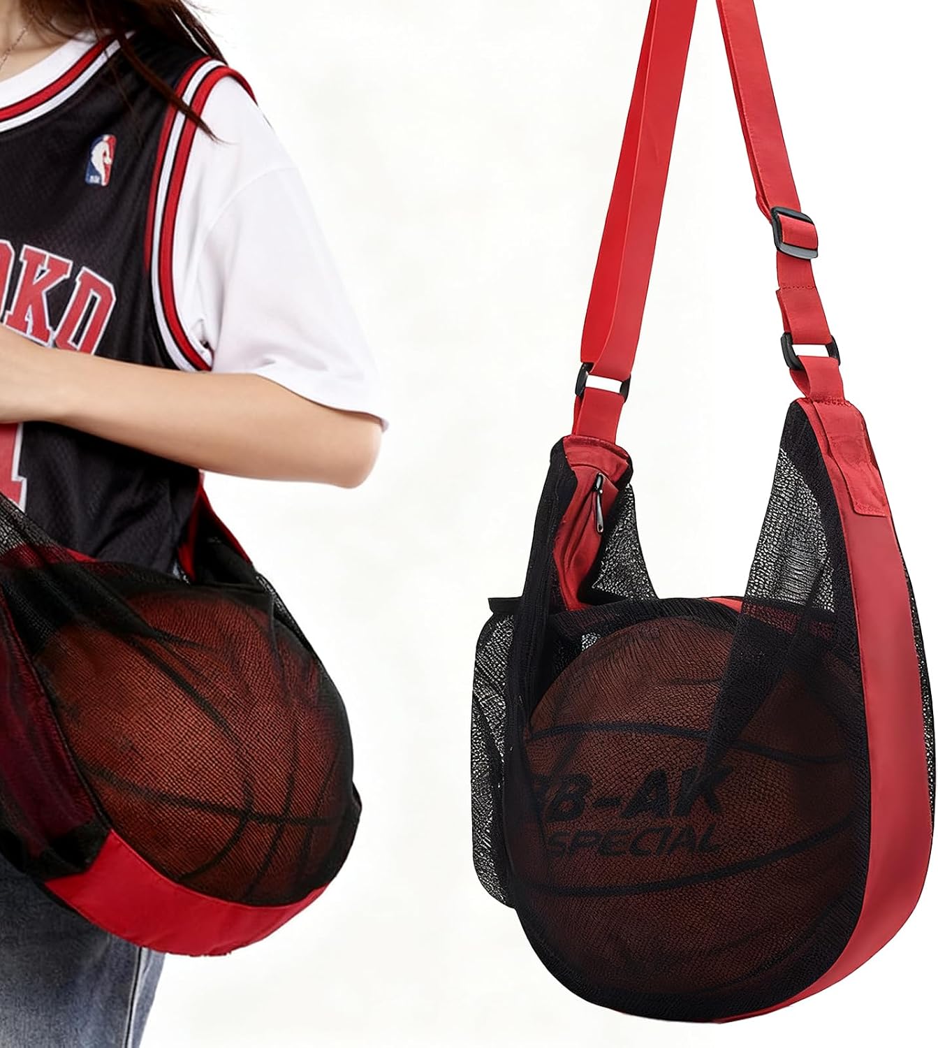 Mesh Basketball Bag with Side Pockets, Lightweight Drawstring Sports Ball Bag for Boys, Holds 1 Basketball, Breathable Sports Equipment Bag for Basketball, Soccer & Volleyball, Red