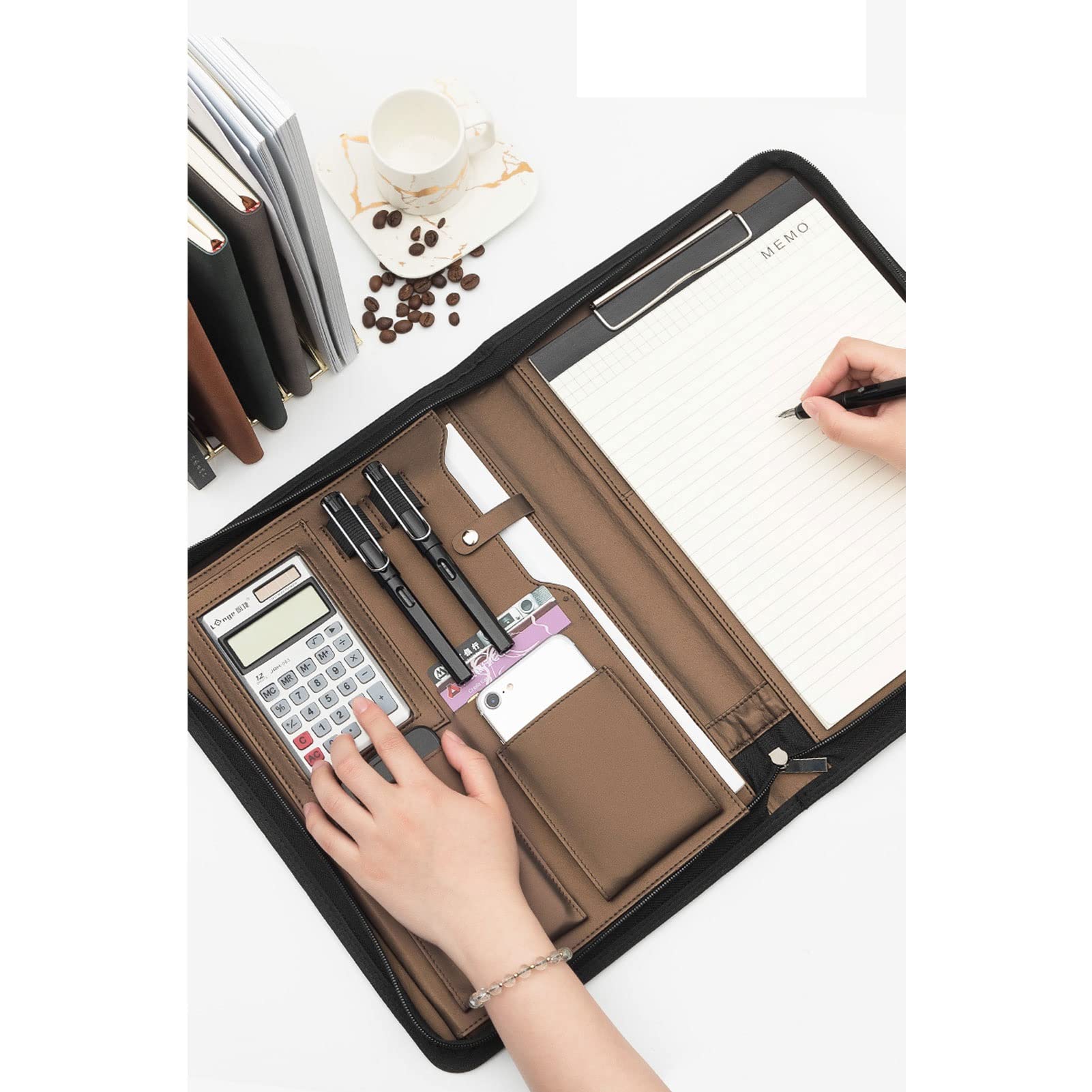 Organizator folderów Padfolio A4, zapinana na zamek, skórzana teczka, schowek, organizer na dokumenty z kalkulatorem, prezentacja biznesowa, notes do pisania, teczka do pracy, szkoły(Black)