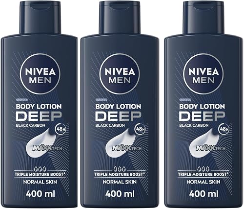 NIVEA MEN Deep Impact Body Lotion with Black Carbon, 400ml, Pack of 3