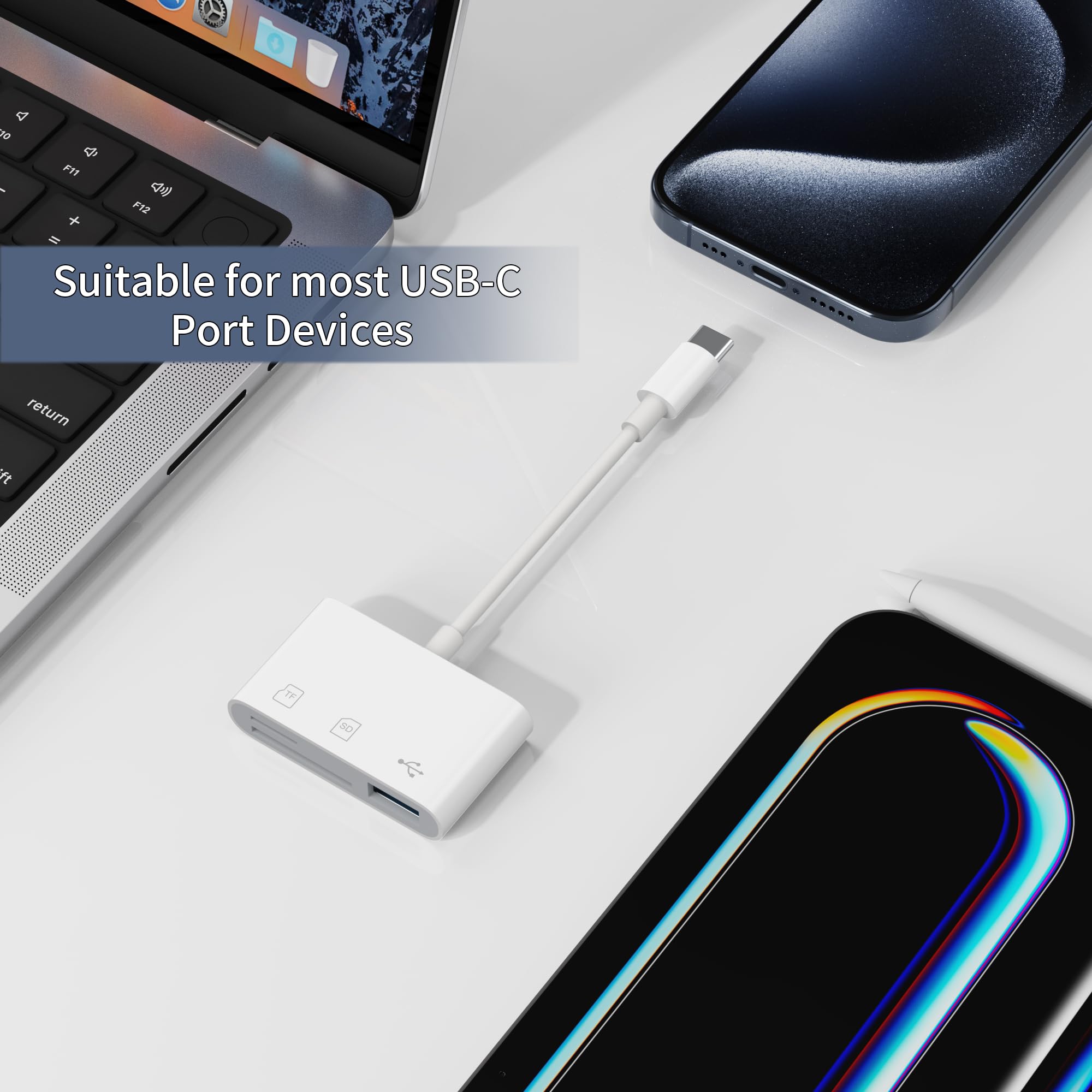 Wanme Lecteur de Carte Mémoire USB C 2.0, SD TF USB 3 en 1 Adaptateur pour Samsung Xiaomi Blanc