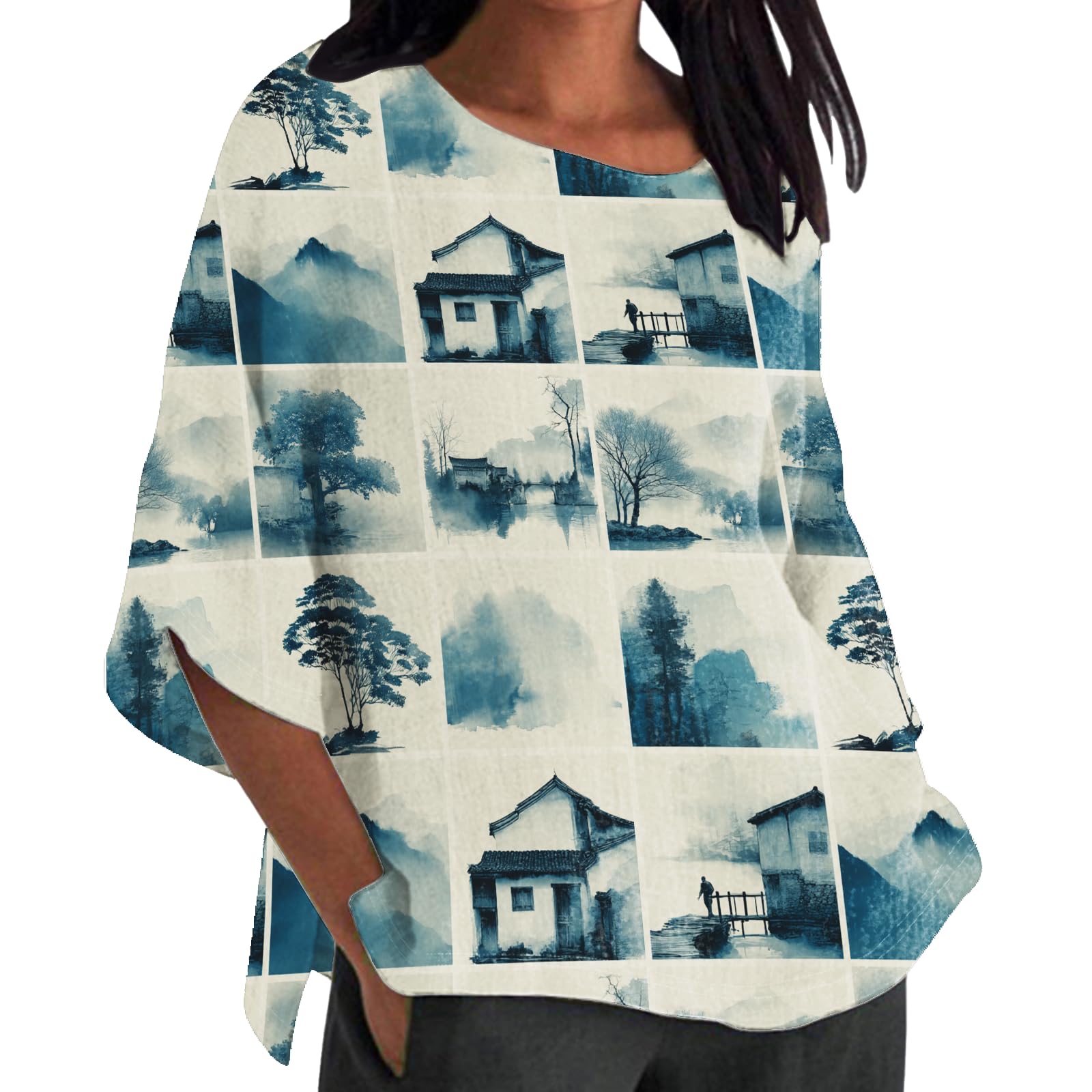 Vintage Floral Graphic Womens Blouse Casual Summer 3 4 Sleeve Shirt Loose Lightweight Comfy Crewneck Beach Tops