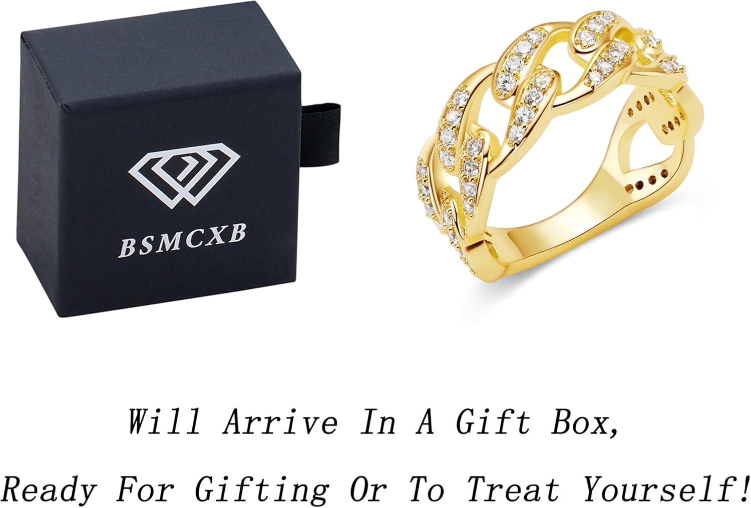 14k Gold Plated Curb Cuban Style Cz Band Ring, Iced Out Cubic Zirconia Cuban Link Chain Ring For Men - Image 5