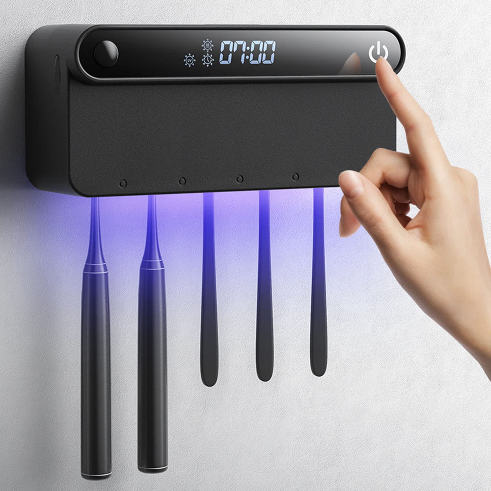 Esterilizador para cepillo de dientes con 5 soportes para cepillos de dientes y visualización de tiempo, recargable por USB, estuche desinfectante portátil montado en la pared para viajes y uso
