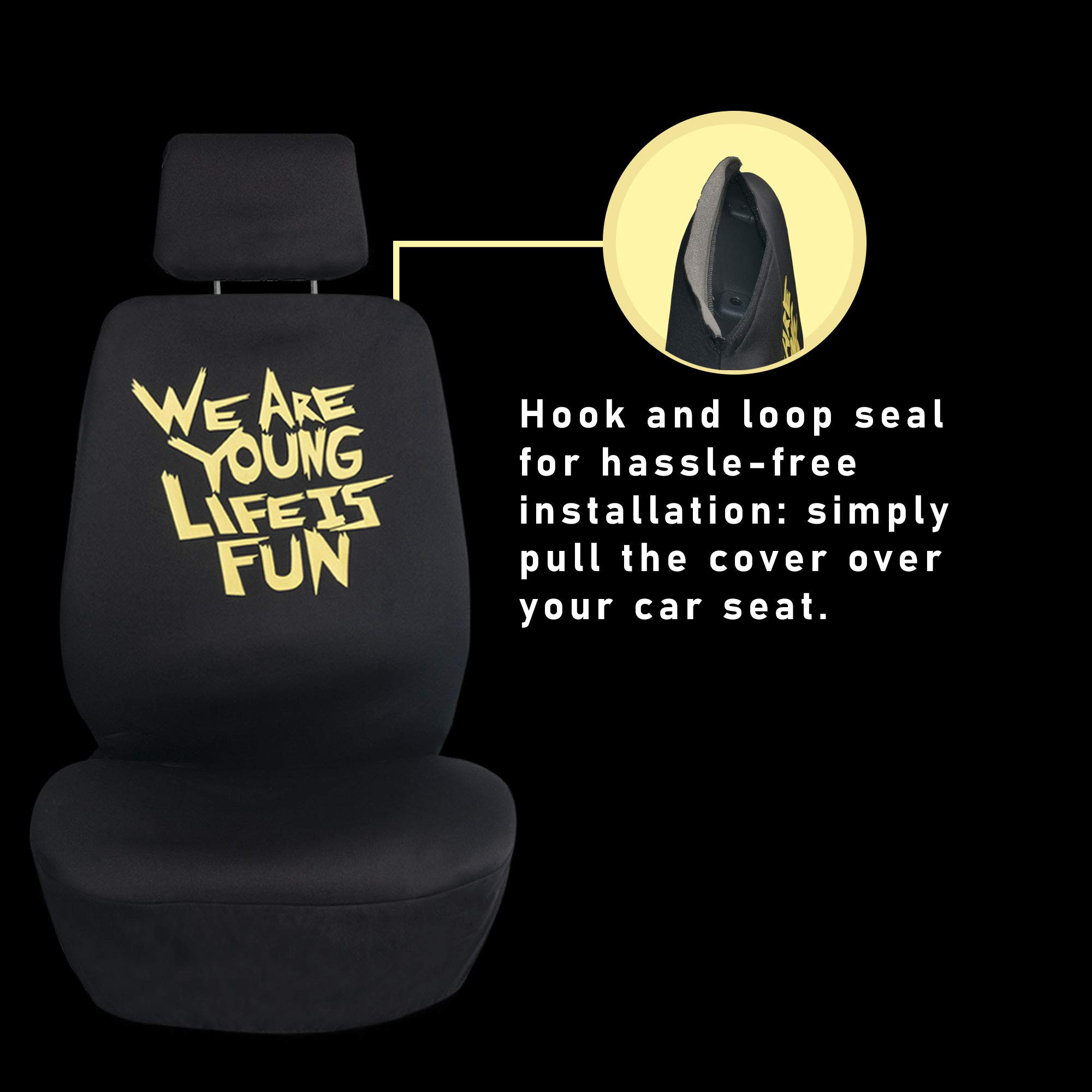 We Are Young Life Is Fun Car Seat Covers – Universal Fit Full Set, Burgundy Flat Cloth, Machine Washable, Airbag Compatible