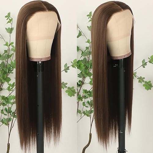 Miniatura 2 de Lezaxiu - Peluca de encaje frontal de pelo sintético largo y lacio, para mujeres negras, fibra de pelo resistente al calor, sin pegamento, densidad