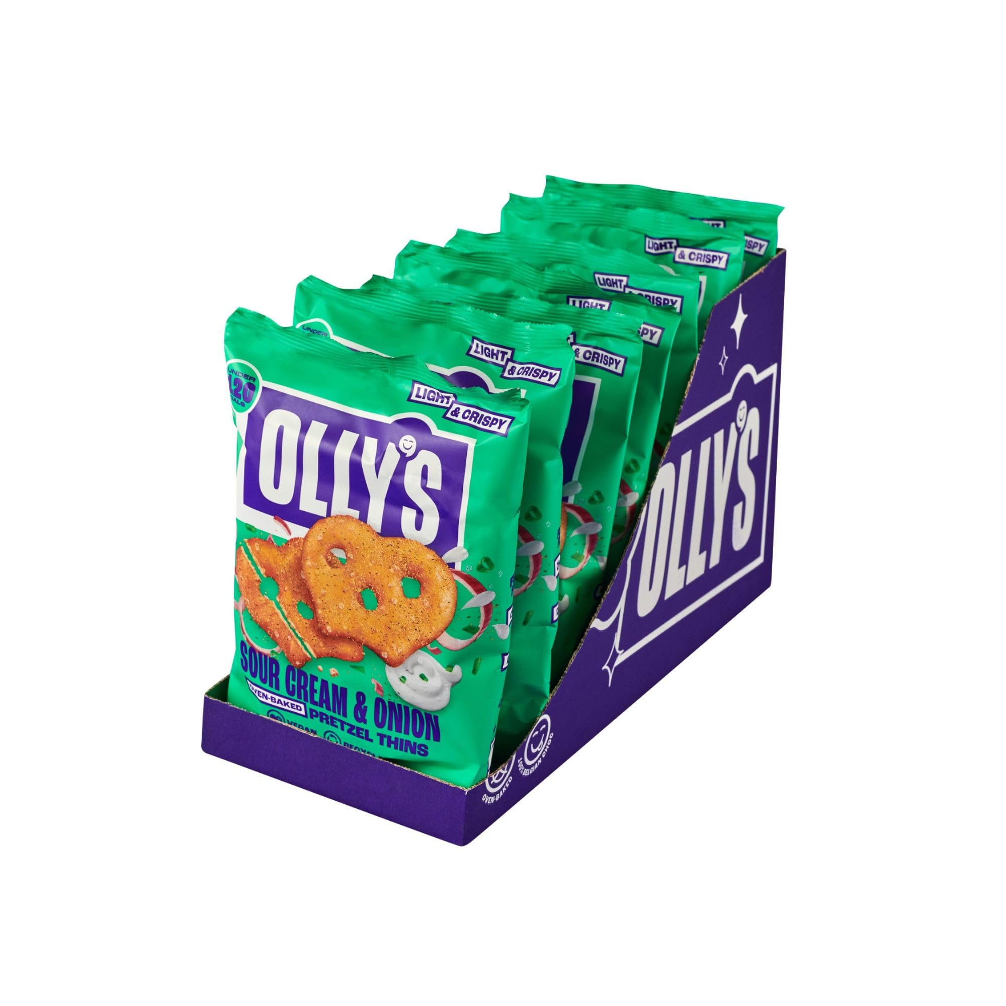 Olly's Pretzels horneados Sabor a Crema Agria y Cebolla, Snacks Veganos, Pack 7 bolsas x 140g