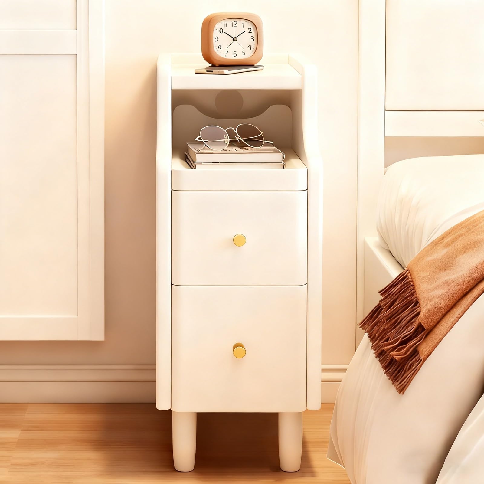 SXZenSpace Slim White Nightstand for Bedroom Solid Wood Bedside Table with 2 Drawers & Open Sliding Shelf No Assembly Required Compact Couch Side End (25x40x50cm)