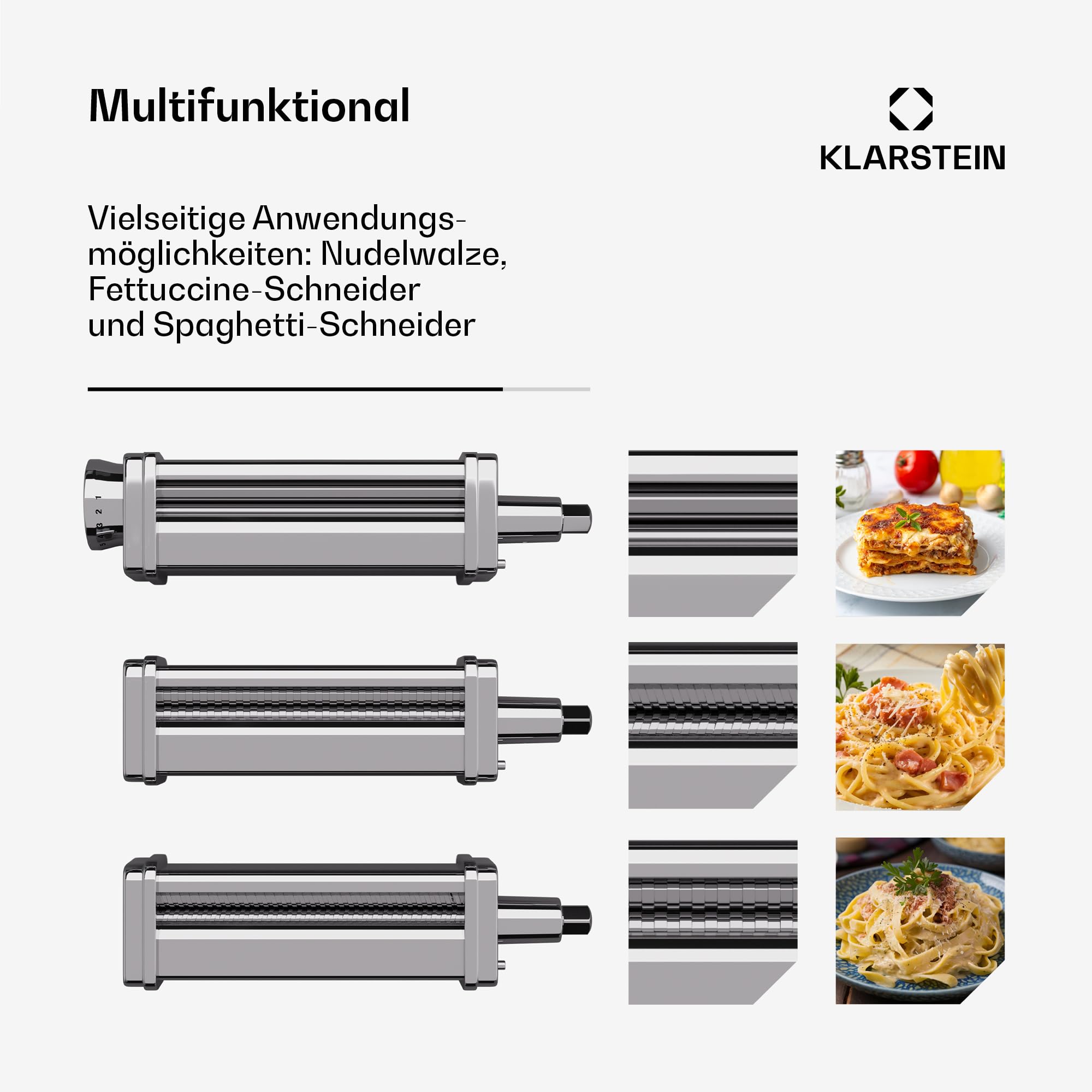 Klarstein Chiara Küchenmaschine Nudelaufsatz 3-in-1 Pasta-Zubehör Edelstahl Spülmaschinenfest 8 Stufen Fettuccine Spaghetti-Schneider