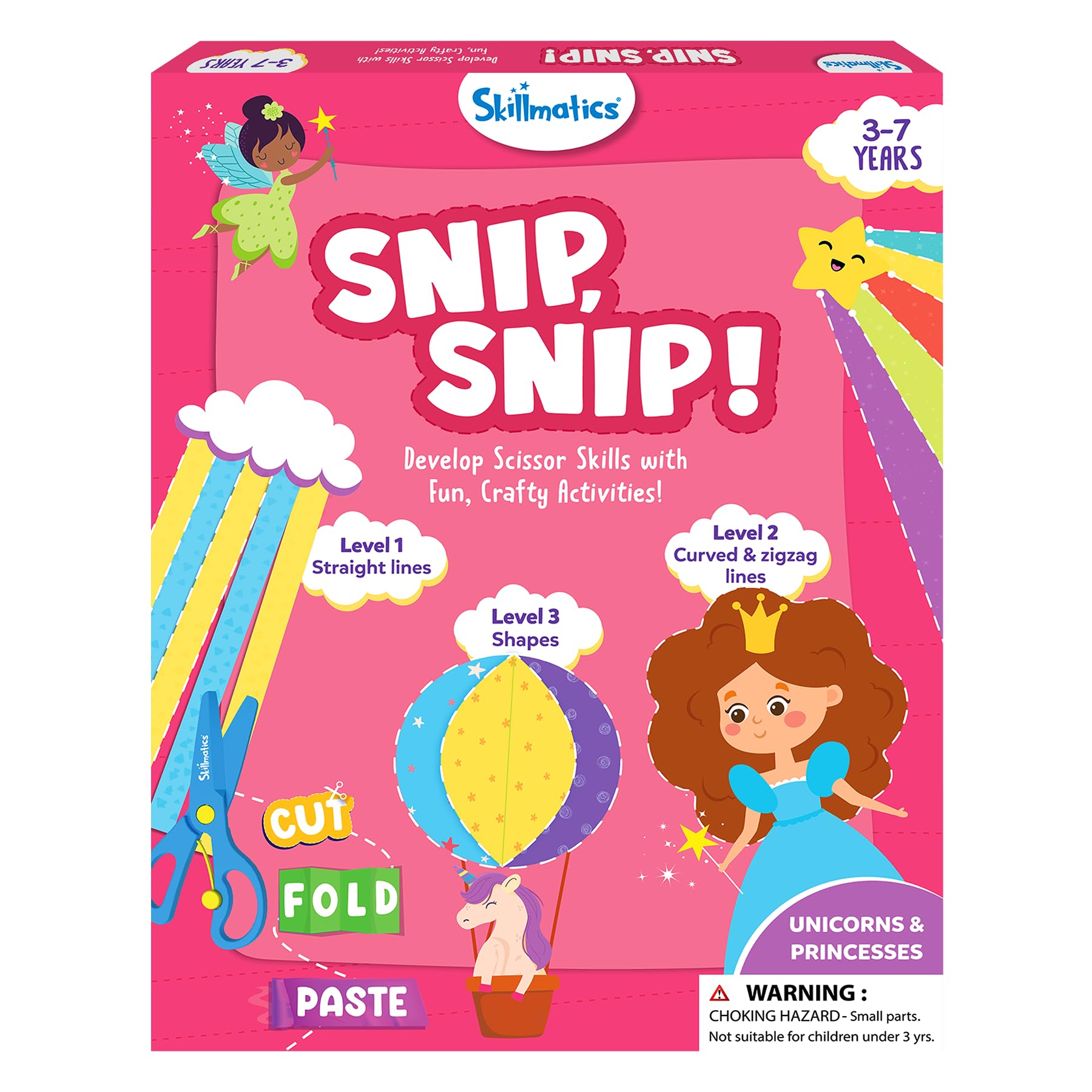 Skillmatics Scissor Skills Activity Book - Snip Snip Unicorns & Princesses, Stocking Stuffers, 25 Fun Cutting Activities, 2 Child-Safe Scissors, Felt Craft Kit, Christmas Gifts for Ages 3, 4, 5, 6, 7