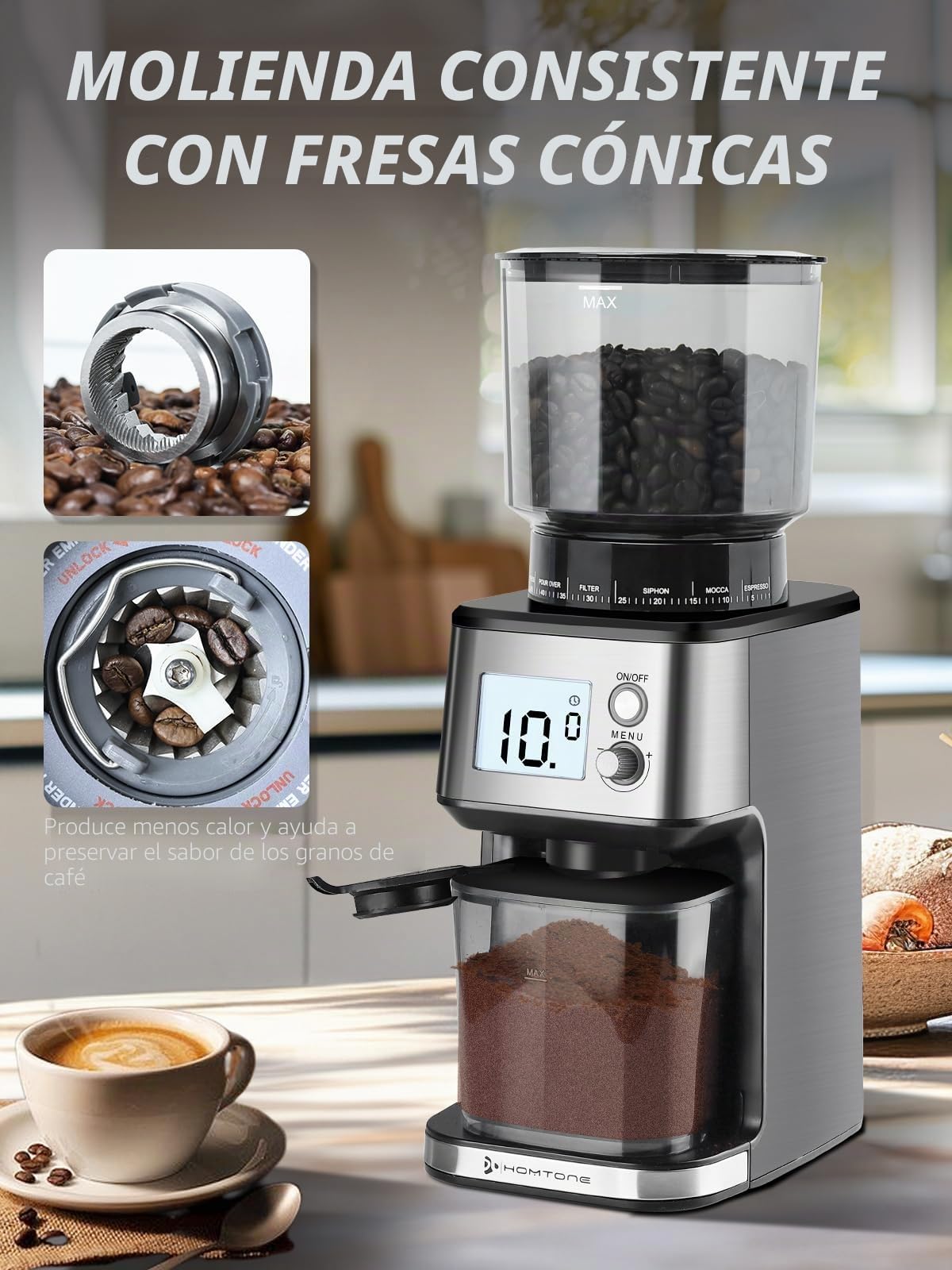 Homtone Molinillo de Café Eléctrico con Muela Cónica - Molino de Café con 51 Niveles de Molienda, Soporte Extraíble, Recipiente Incluido – Para Espresso, Café de Filtro, Cold Brew (Acciaio Inox)