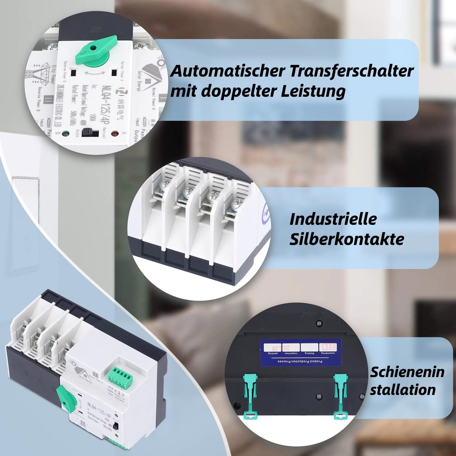 Notstrom Umschalter, 4P Automatischer Umschalter Notstrom Hutschiene, Dual Power Automatischer Transferschalter, 2 Wege übertragung, Für Kommunaler Strom, USV, Solar (NLQ4-125/4P 100A 220V) (Weiß)