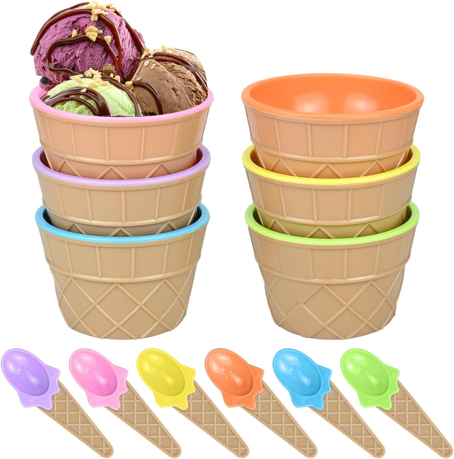 TRIXES Set of 6 Ice Cream Dessert Bowls and Matching Spoons, Plastic
