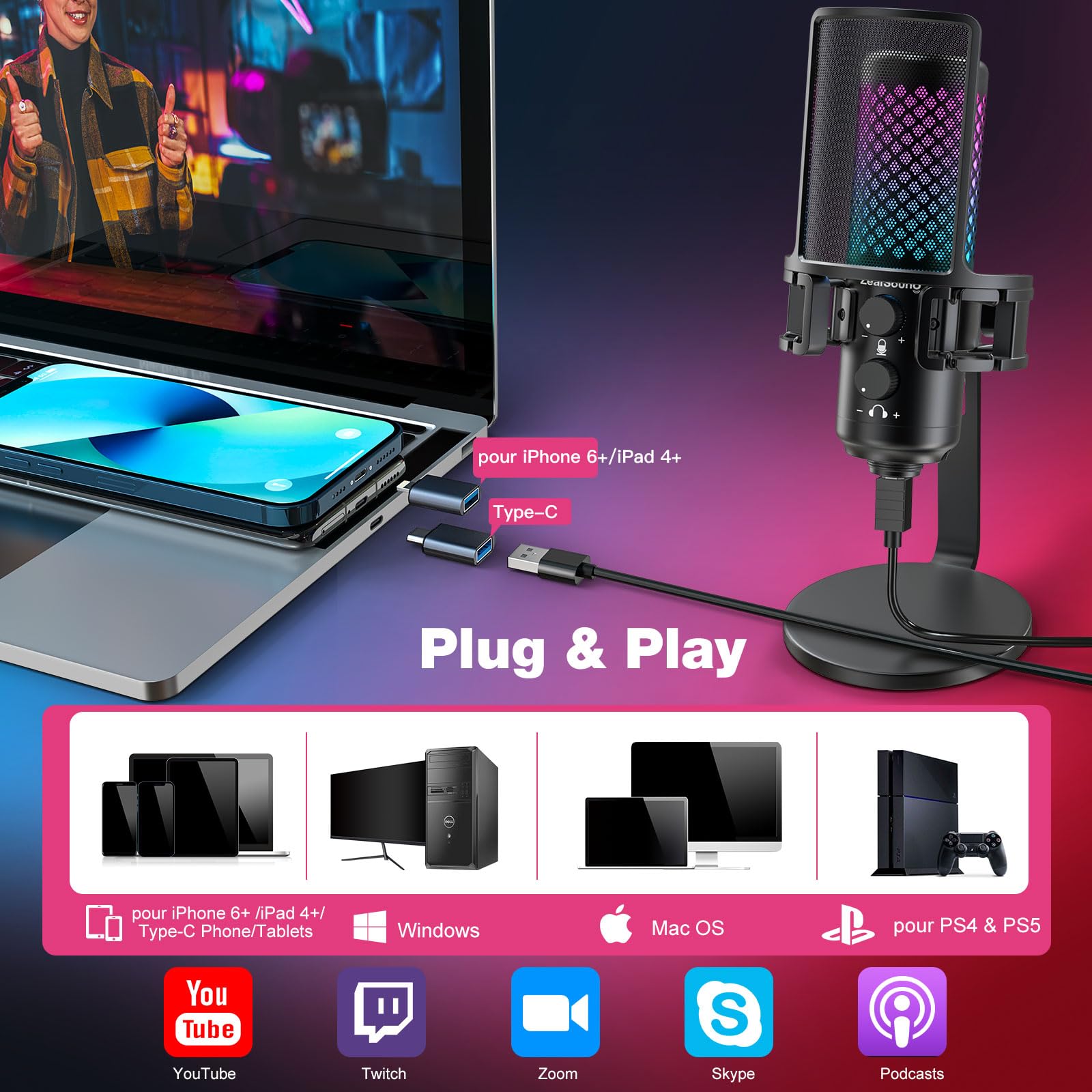 ZealSound Gaming Microphone, Micro USB à condensateur RGB pour PC, Handy, PS4 & PS5, mit support anti-vibrations & Filtre anti-pop, per Jeux, Streaming, ASMR, Podcasts,YouTube,Twitch,TikTok-Tout métal