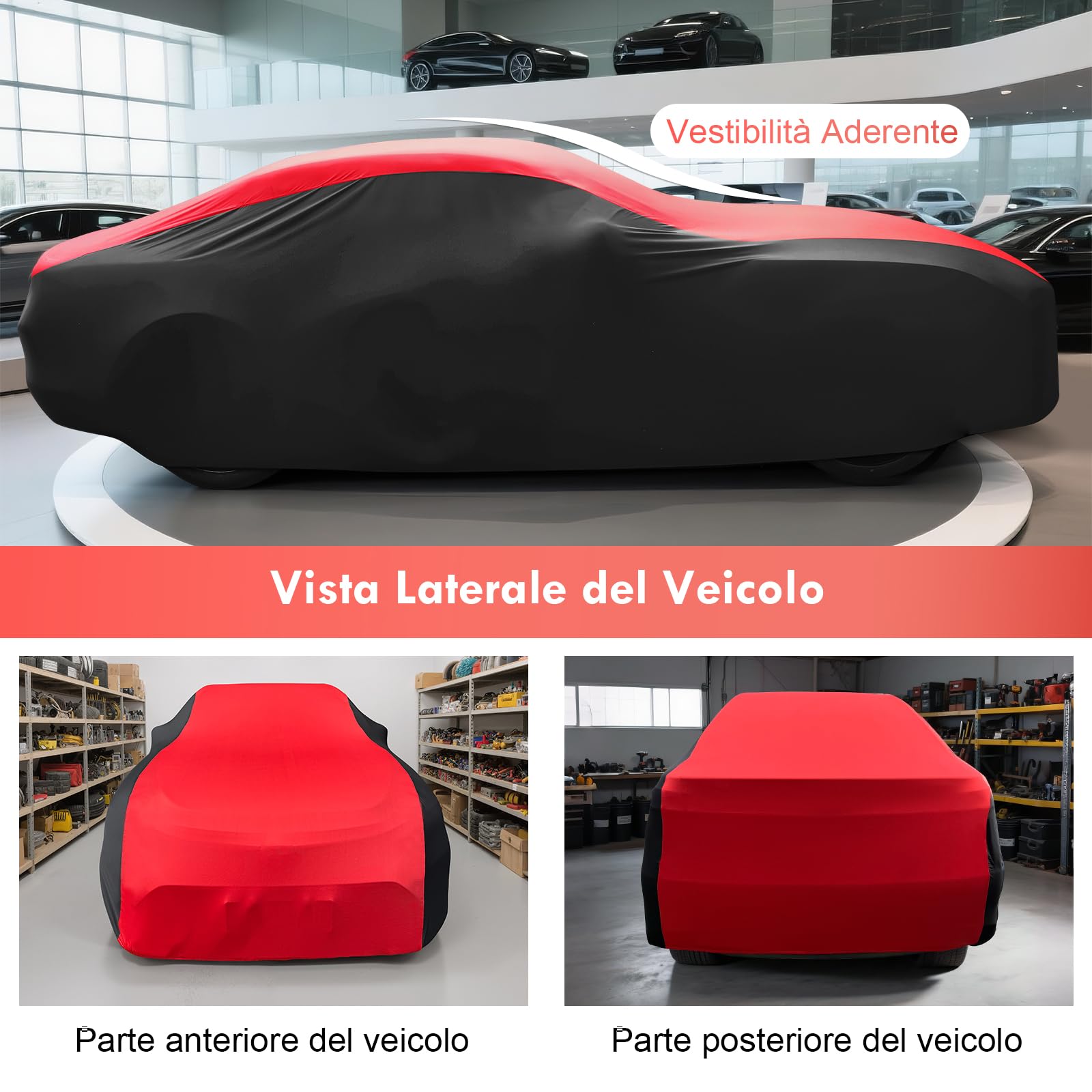 Telo Copriauto Elastico per Interni, Telo Copriauto da Interno Universale Adatto a Berline, Auto Sportiva, SUV, Traspirante e Antipolvere, Morbido al Tatto, Aderente, Nero e Rosso, L