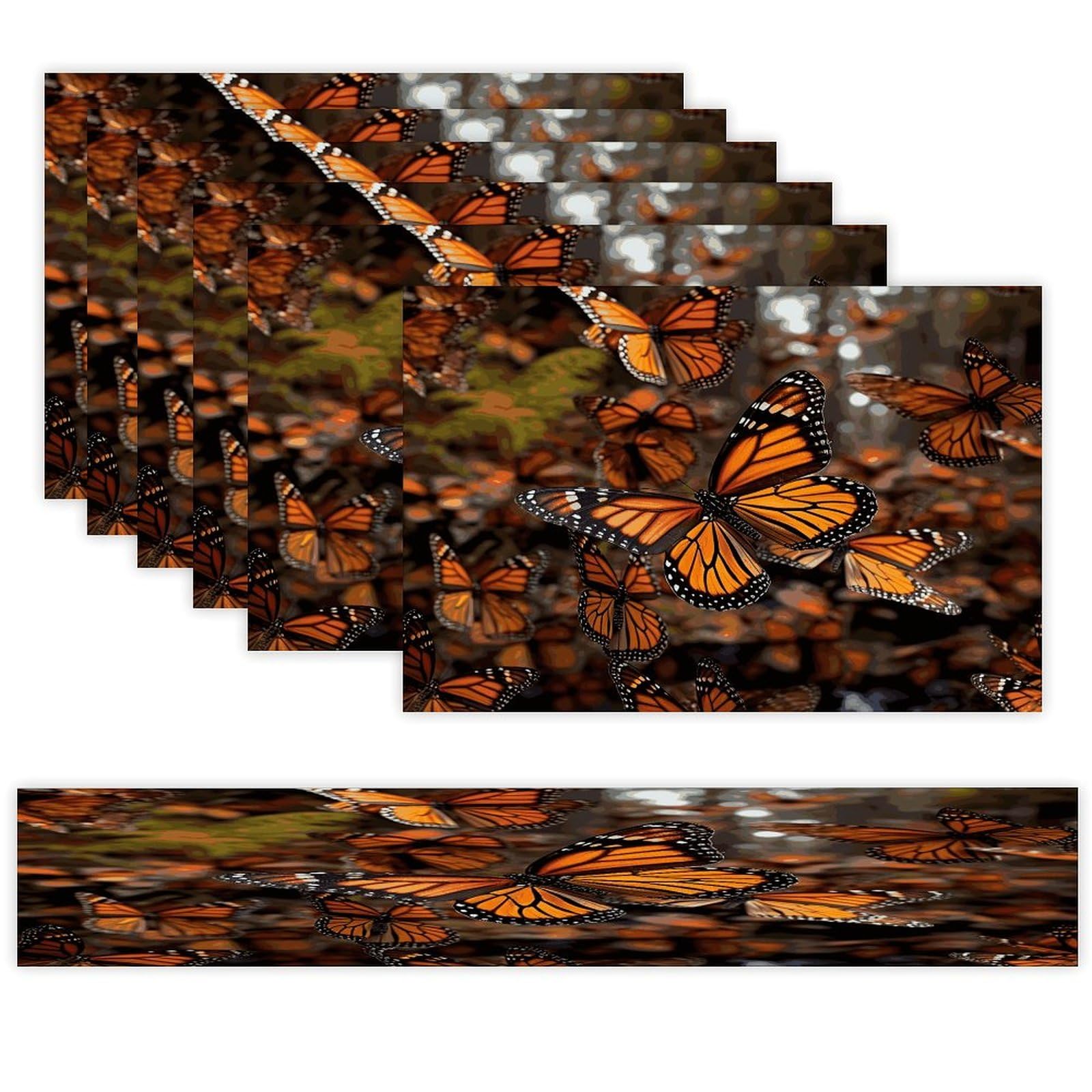 Monarch Butterflies Table Runner and Placemats Set of 6 for Kitchen Washable Table Mats Heat Resistant Place Mats Non-Slip Place Mat Wipeable Placemat(6 Placemats+1 Table Runner)