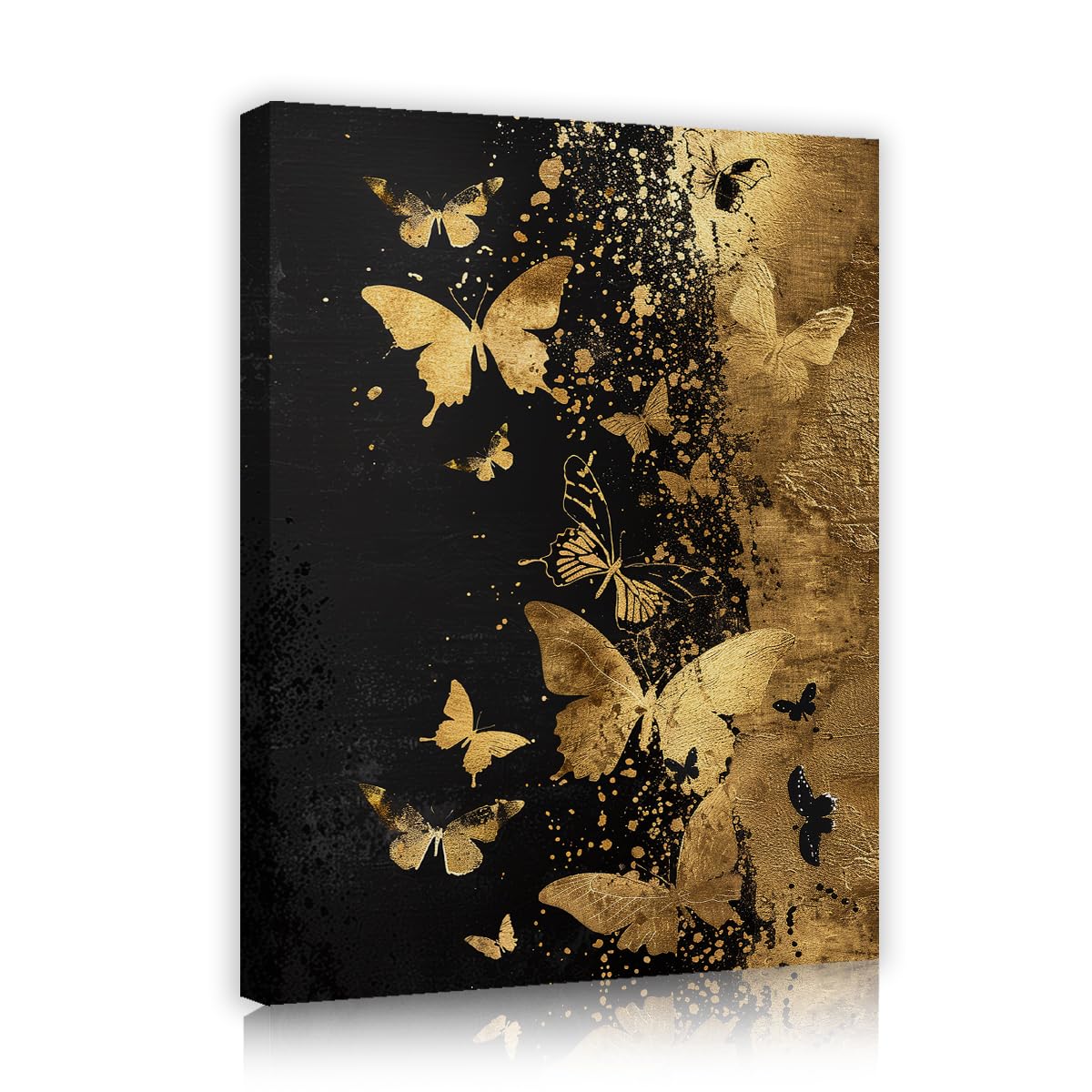 TOANGWALL Golden Butterflies Canvas Wall Art Gym Splatter Texture Framed Poster Prints Luxury Black Amber Animals Painting Artwork for Salon Decor 70x85cm