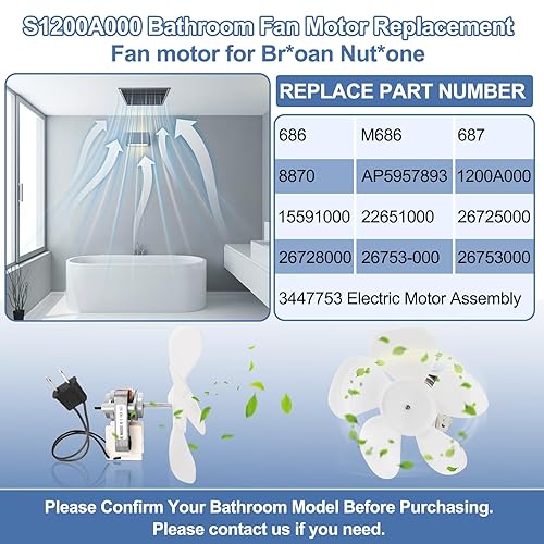 Miniatura 5 de Motor universal para ventilador de baño S1200A000 compatible con B-roan Nu-Tone 686, M686, 687, 8870, motor de ventilador de 3000 RPM 120 V 50 CFM