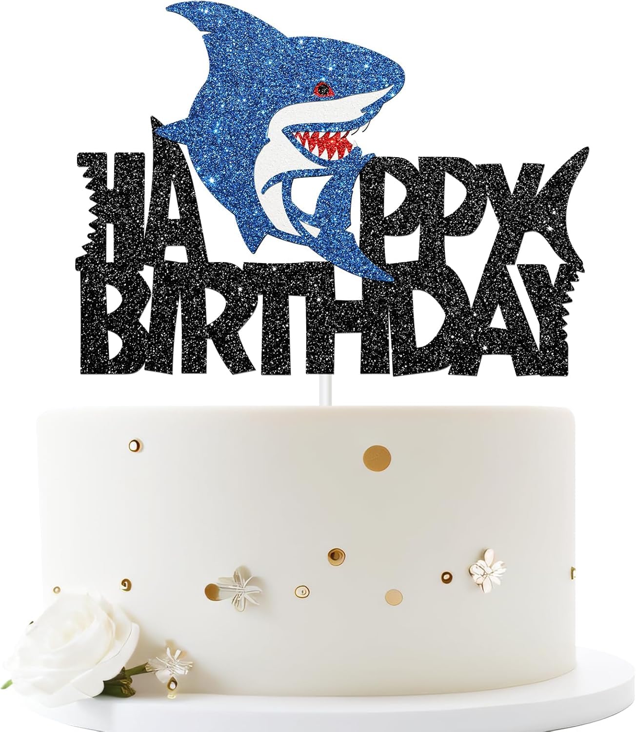 Shark Happy Birthday Cake Topper, Ocean Animal Theme, Blue Glittering cake topper，Perfect for Kids' Birthday Parties