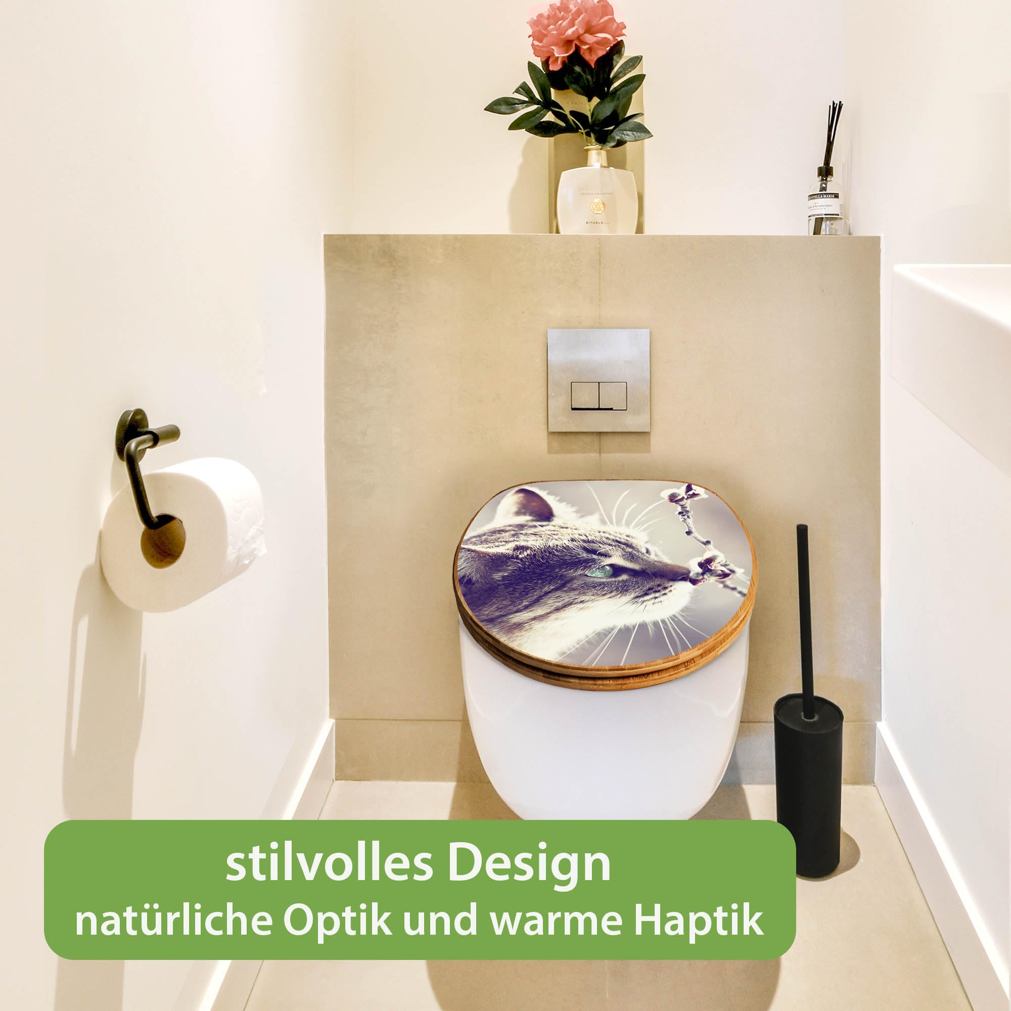 banjado Design WC Sitz Bambus Absenkautomatik 45,8x37,5cm - Toilettendeckel mit Absenkautomatik Holz - hochwertiger Bambus Klodeckel - WC-Sitz für gängigen Toiletten - Motiv Weidenkätzchen