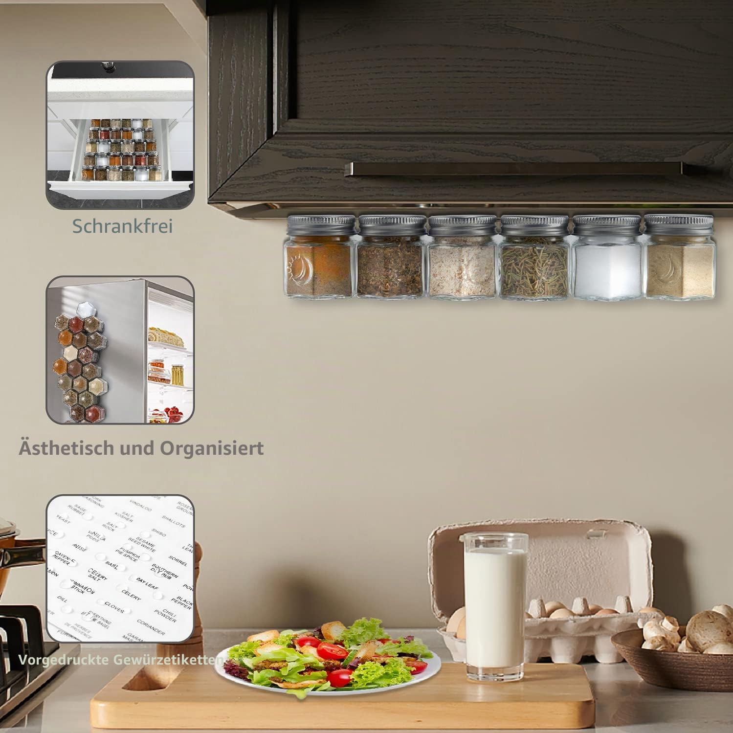 Homazing Set mit 24 magnetischen Gewürzgläsern für Kühlschrank, sechseckige Glas-Magnetgewürzgläser mit Shaker-Deckel und Etiketten für Küche, Wohnmobil und Reiseanhänger