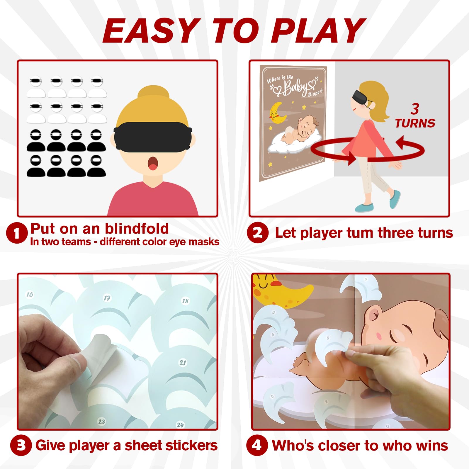 Pin The Sticker On The Diaper Baby Shower Game – Kit For 25 Guests, Party Activities & Favors