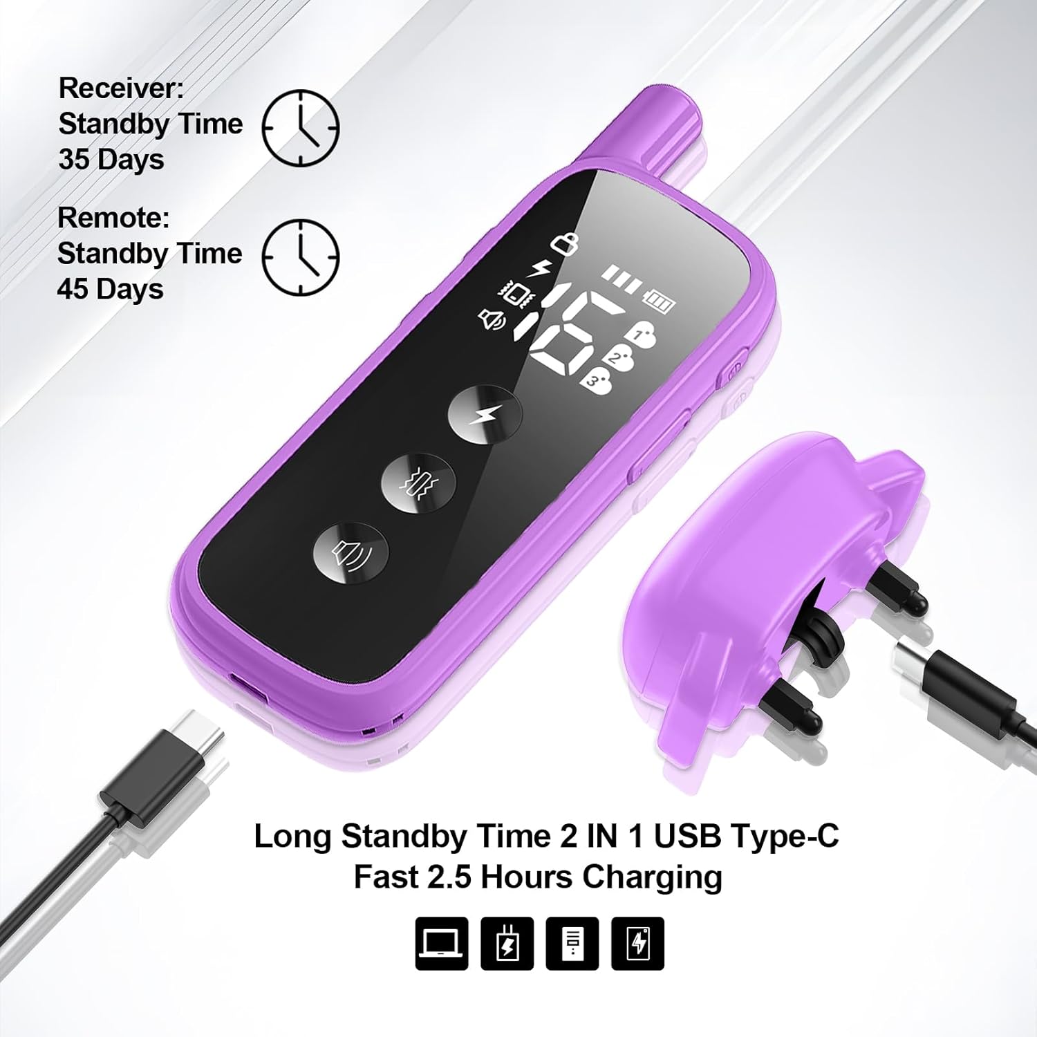 Dog Shock Collar - 2600FT Dog Training Collar with Remote, 3 Modes(Beep/Vibration/Shock), Security Lock, IP68 Waterproof Rechargeable E-Collar for 10-120lbs All Breeds (Purple)