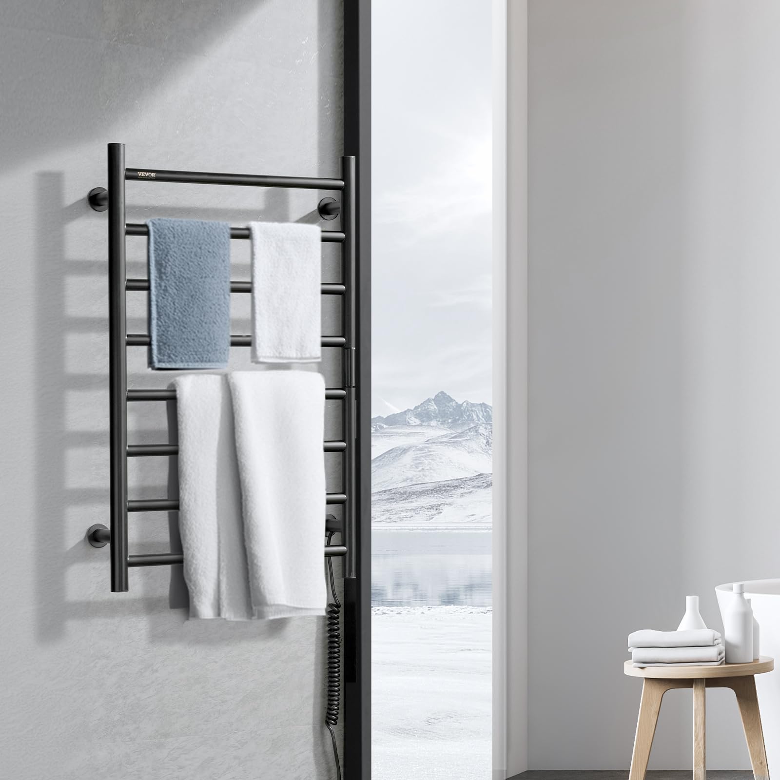 VEVOR Scaldasalviette Termoarredo, Portasciugamani Riscaldato con 8 Barre, Scaldasalviette Impermeabile con Timer e Display LED, 5 Livelli di Temperatura Regolabili, Montaggio a Parete, Nero