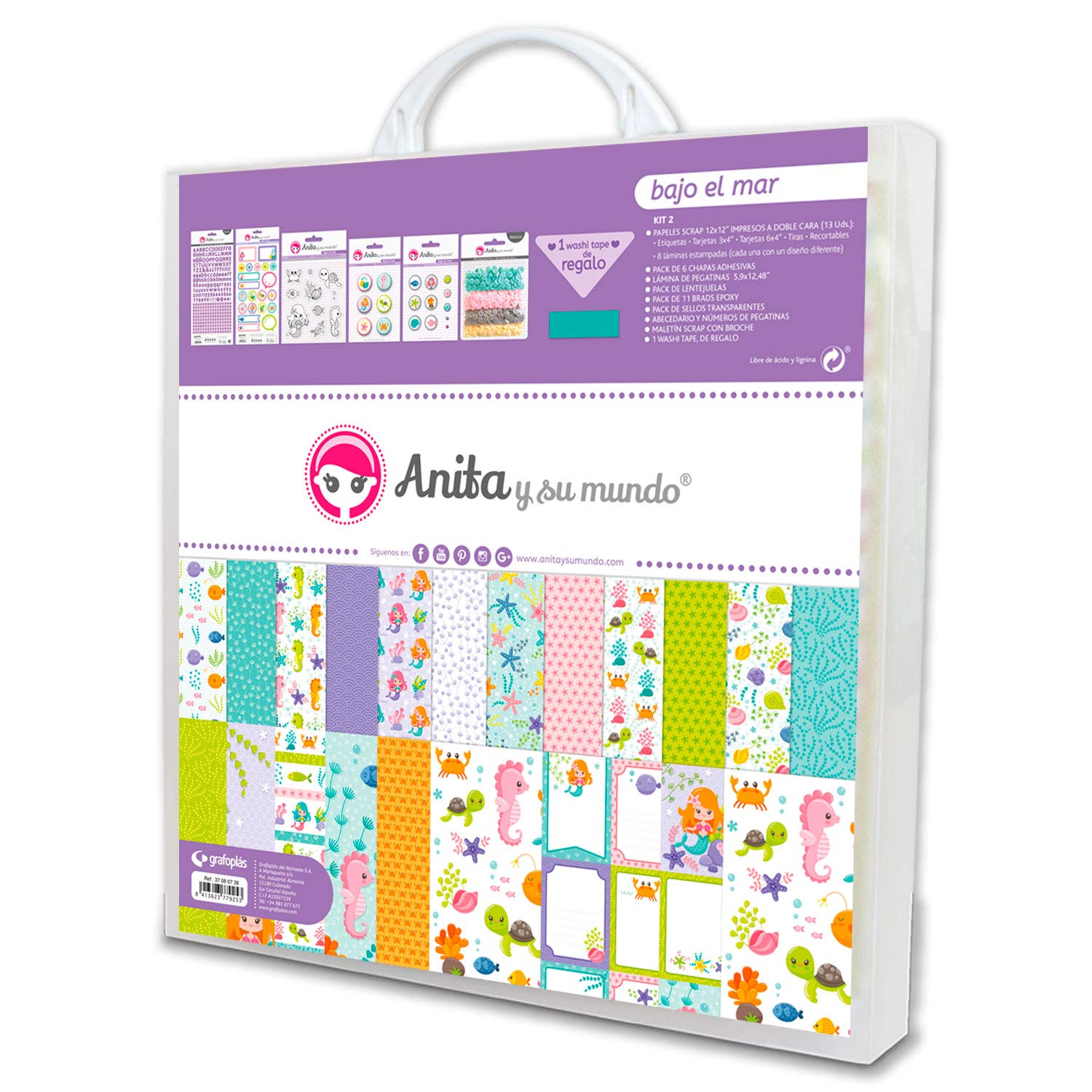 Anita y Su Mundo 37080736. Kit Scrapbooking Verano, Colección Bajo el Mar, Papeles, Pegatinas, Chapas, Brads, Lentejuelas, Abecedarios