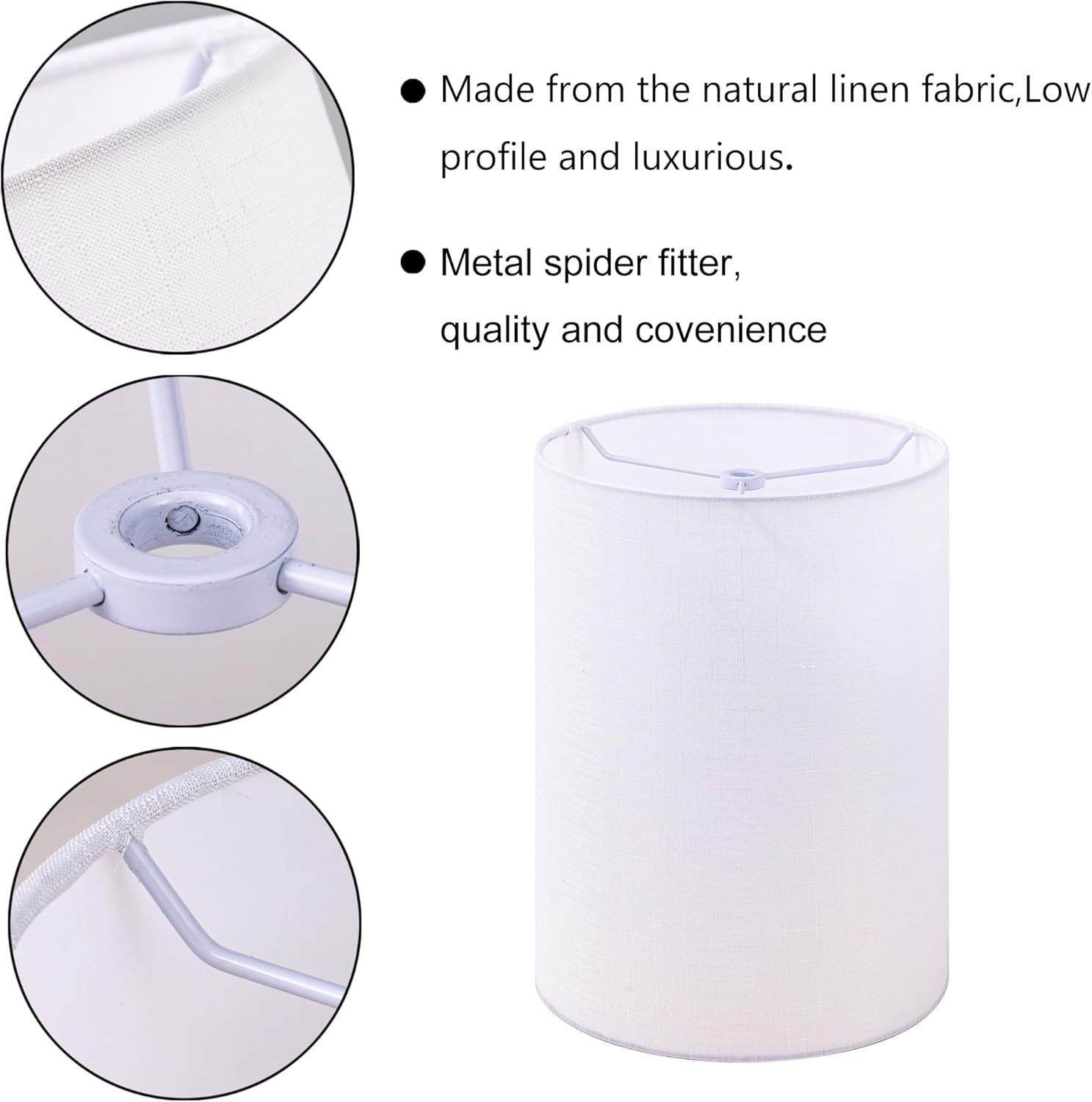 Wellmet White 6"x 6"x10" Lampshade, No Assembly Required, Classic Modern Lamp Shade for Table Lamp, Bedside Lamp, Floor Lamp, Fabric Drum Lampshade, Spider Fitter